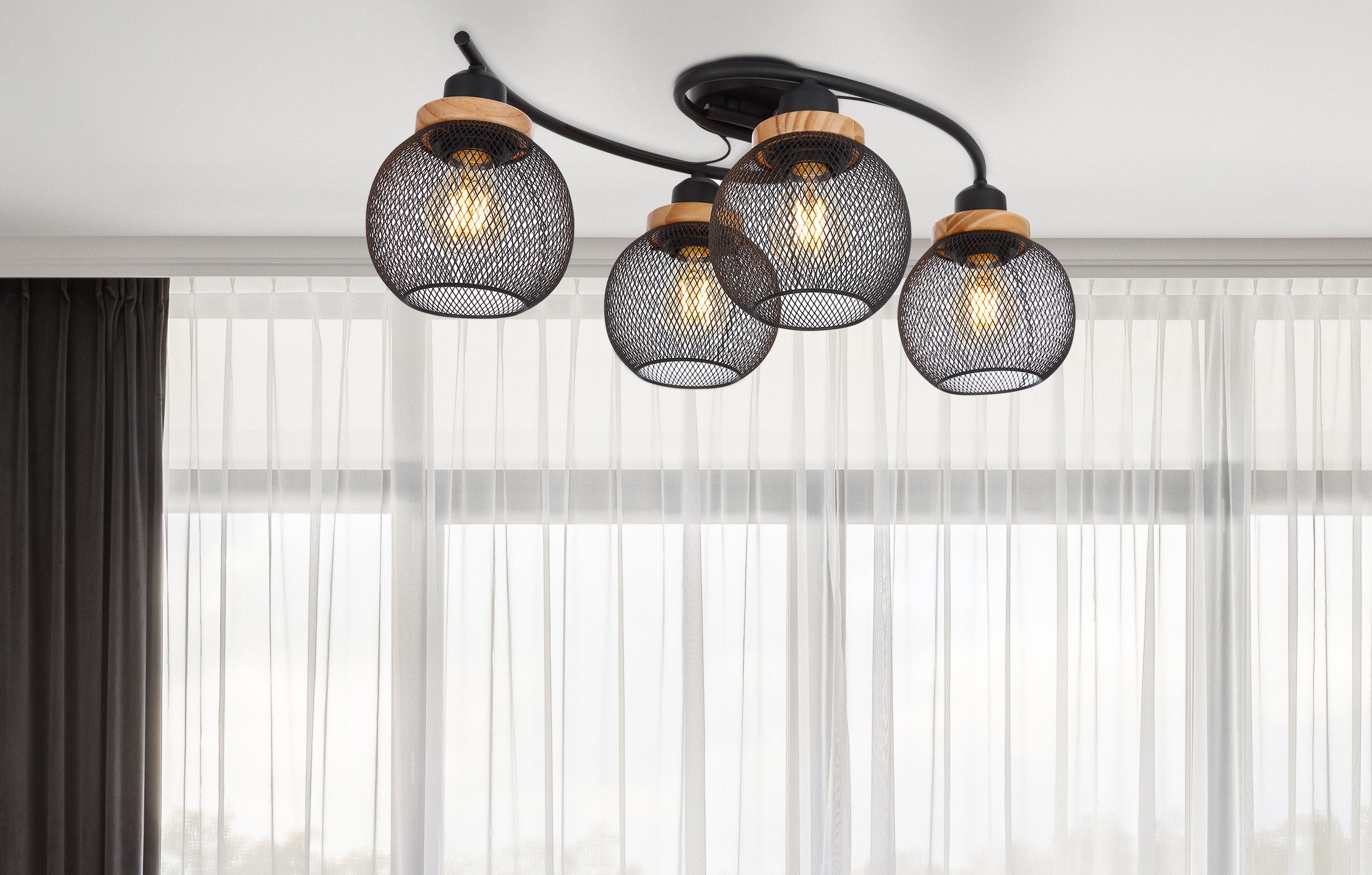 GLOBO LIGHTING Deckenleuchte PABLO, ohne Leuchtmittel, Deckenlampe Metall schwarz Metallgeflecht Holz Küche Wohnzimmer