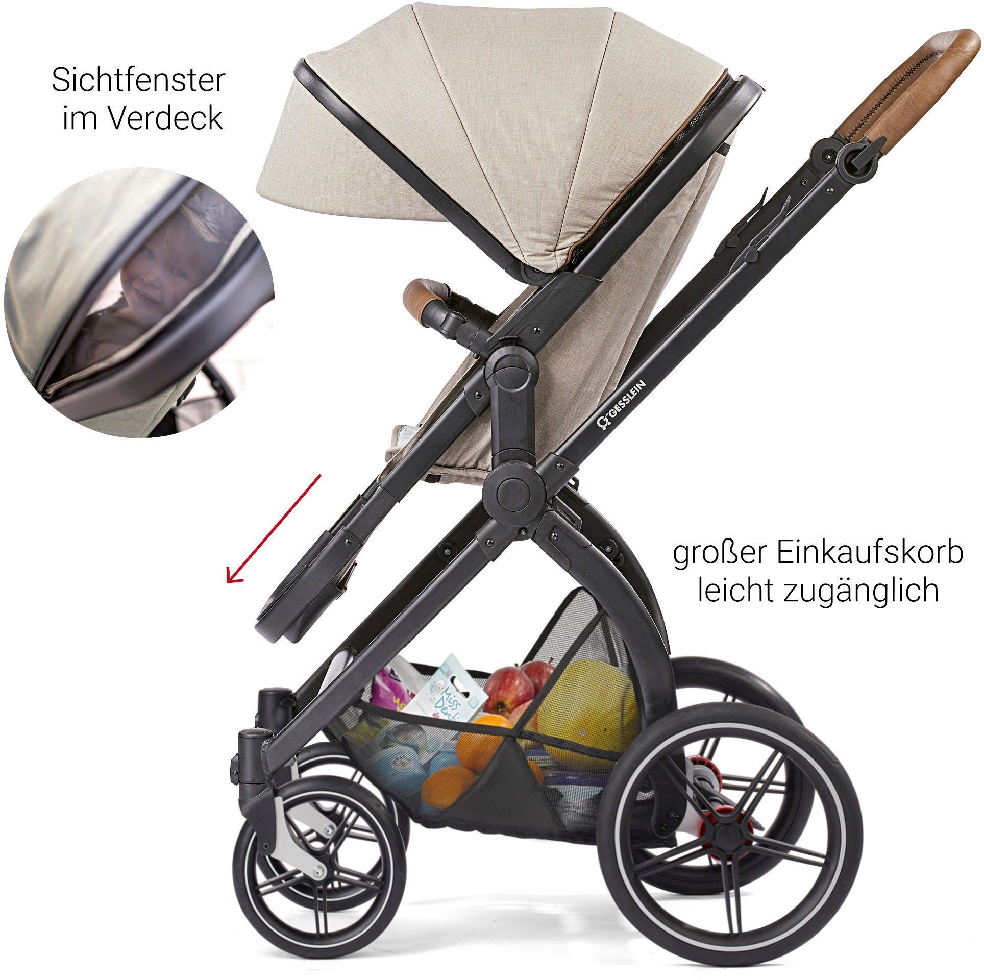 Gesslein Kombi-Kinderwagen schwarz/cognac, Soft+ und Babywanne mit sand, FX4 C3 Life, mit Babyschalenadapter Aufsatz