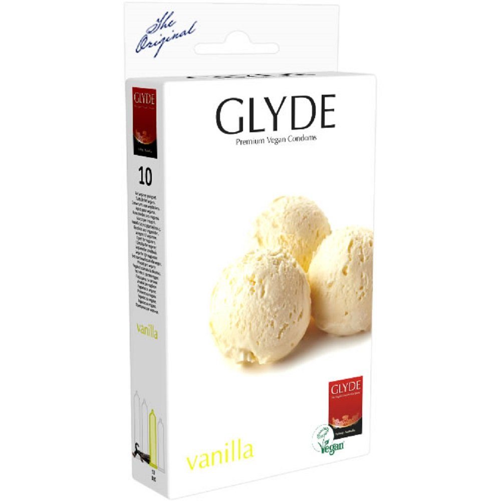 Glyde Kondome Ultra Vanilla - gelbe Kondome mit Vanille-Aroma Packung mit, 10 St., vegane Kondome ohne Casein, Zertifiziert mit der Veganblume, Gefühlsecht & Reißfest