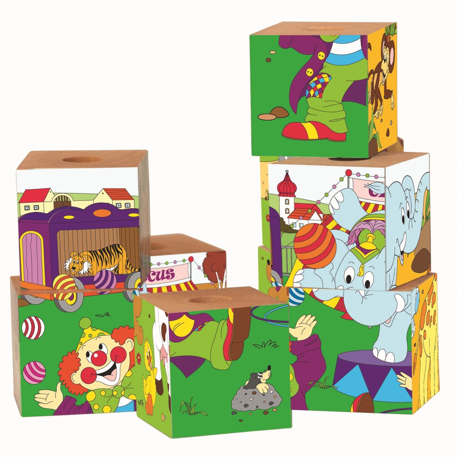 Woodyland Würfelpuzzle 93053 Holz Puzzle Cubes / Würfelpuzzle mit 4 Motiven -Thema Zirkus, Puzzleteile, 4-seitig bespielbar