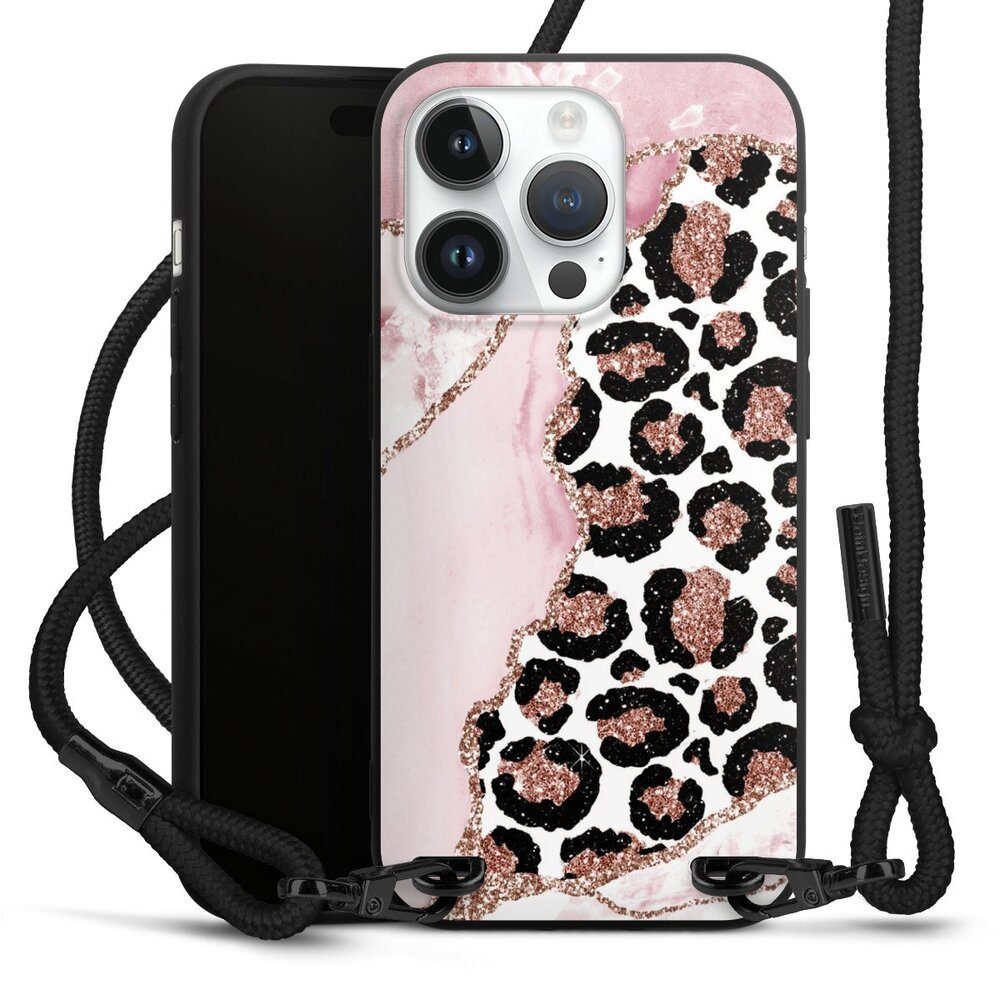 DeinDesign Handyhülle Leopard Glitzer Look Marmor Patterns and Textures Smooth Pink, Apple iPhone 14 Pro Premium Handykette Hülle mit Band Cover mit Kette