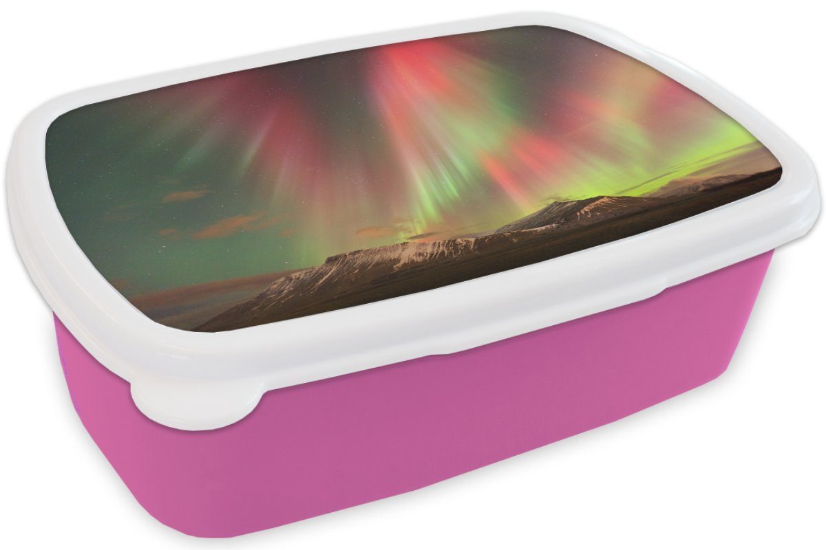 MuchoWow Lunchbox Nordlichter - Kunststoff, - (2-tlg), Rosa Mädchen, - Kunststoff für Snackbox, Grün Kinder, Erwachsene, Brotdose Brotbox Berg