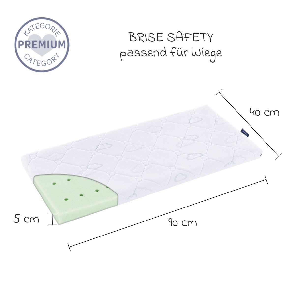 Babymatratze Brise Safety 40 x 90 cm, Träumeland, 5 cm hoch, Baby Matratze für Wiege, Babybett & Beistellbett mit TENCEL Bezug
