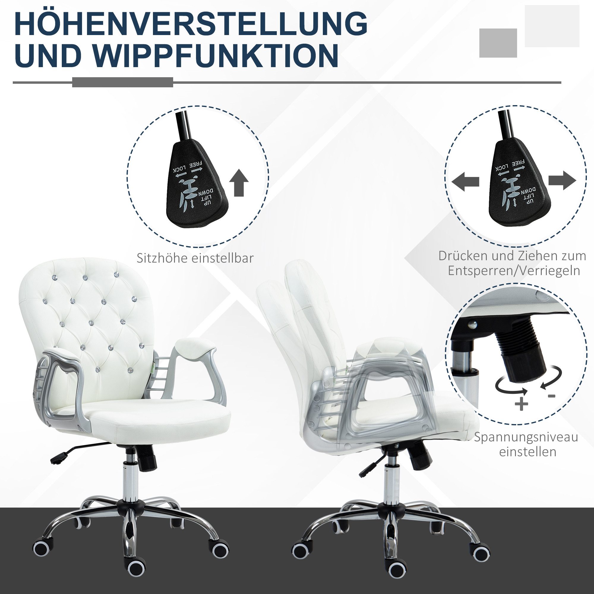 Vinsetto Bürostuhl Homeoffice Stuhl mit Kunstlederoptik höhenverstellbar Drehstuhl (Chefsessel, 1 St), für Wohnzimmer, Büro, Weiß – Bild 4 von 5