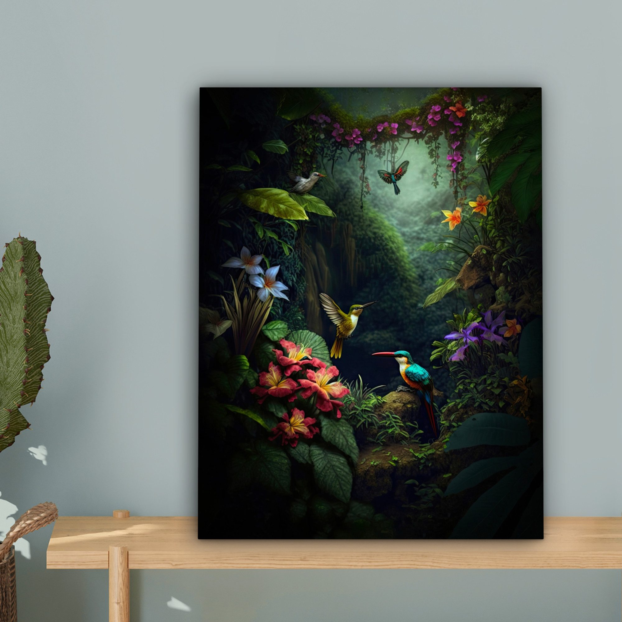 OneMillionCanvasses® Leinwandbild Blumen - Pflanzen - Dschungel - Vögel, Fotodruck (1 St), Leinwand Bilder für Wohnzimmer Schlafzimmer 30x40 cm – Bild 3 von 5