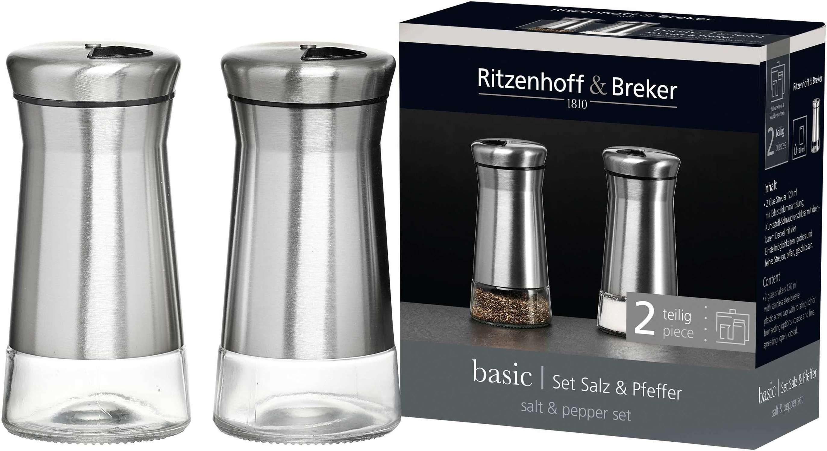 Ritzenhoff & Breker Gläser-Set Salz und Pfefferstreuer Set 2 teilig Glas Edelstahl, Glas