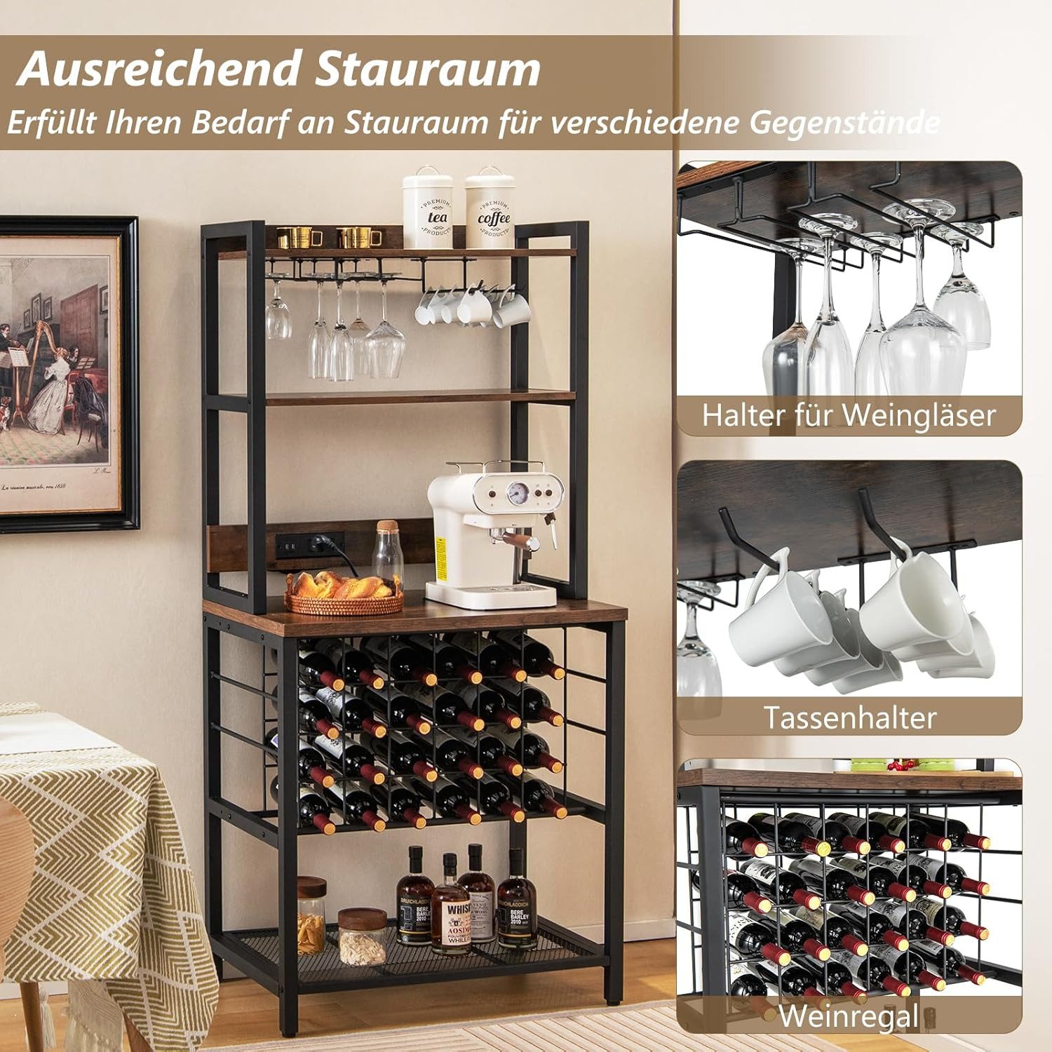 KOMFOTTEU Weinregal Standregal, mit Glashaltern, Ladestation & Ablagen
