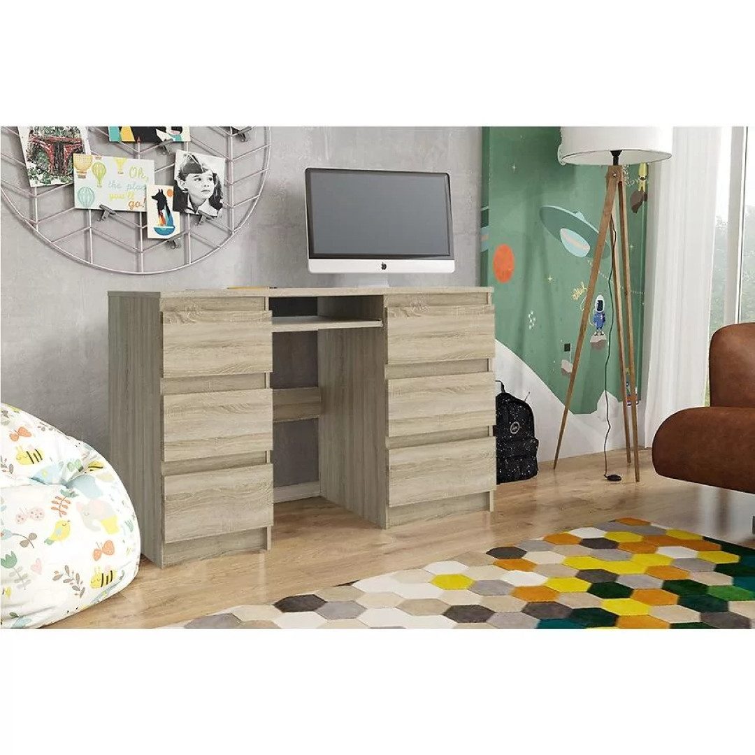 Masseno Schreibtisch VALERIO 130 x 75 cm mit 6 Schubladen Eiche Sonoma