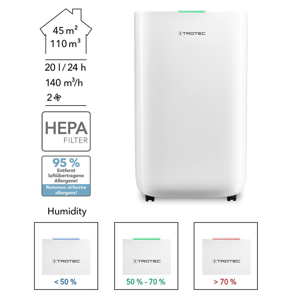 TROTEC Luftentfeuchter TTK 70 HEPA (Plus), für 110 m³ Räume, Entfeuchtung 20,00 l/Tag, Tank 6,50 l, Entfeuchtungsautomatik mit Zielwertvorwahl zwischen 30 und 80 %