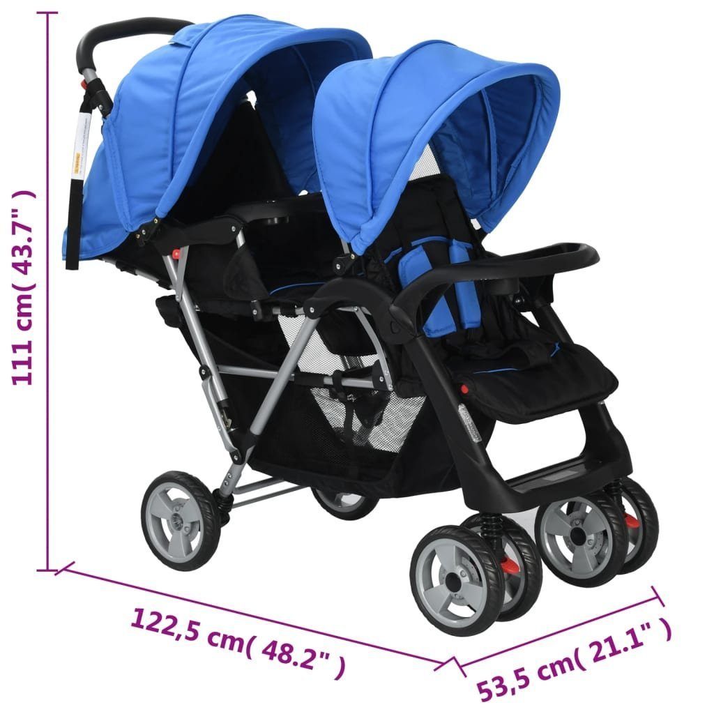 vidaXL Kinder-Buggy Tandem-Kinderwagen Stahl Blau Schwarz Blau und | Blau