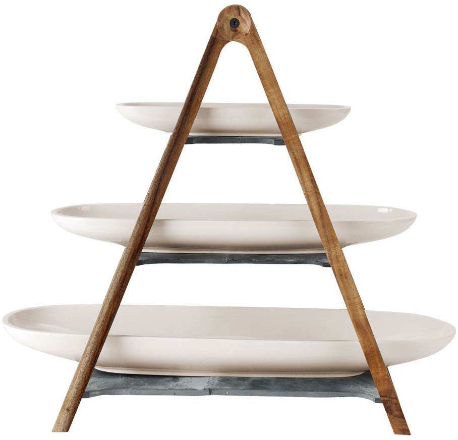 Villeroy & Boch Etagere Artesano Original Eye Catcherset, Massivholz, Porzellan, (Set, 4-tlg., je 1 Olivenschale 28cm, Baguetteschale 44cm, Obstschale 55cm, Etagere), Geeignet für Obst, Baguette oder Antipasti