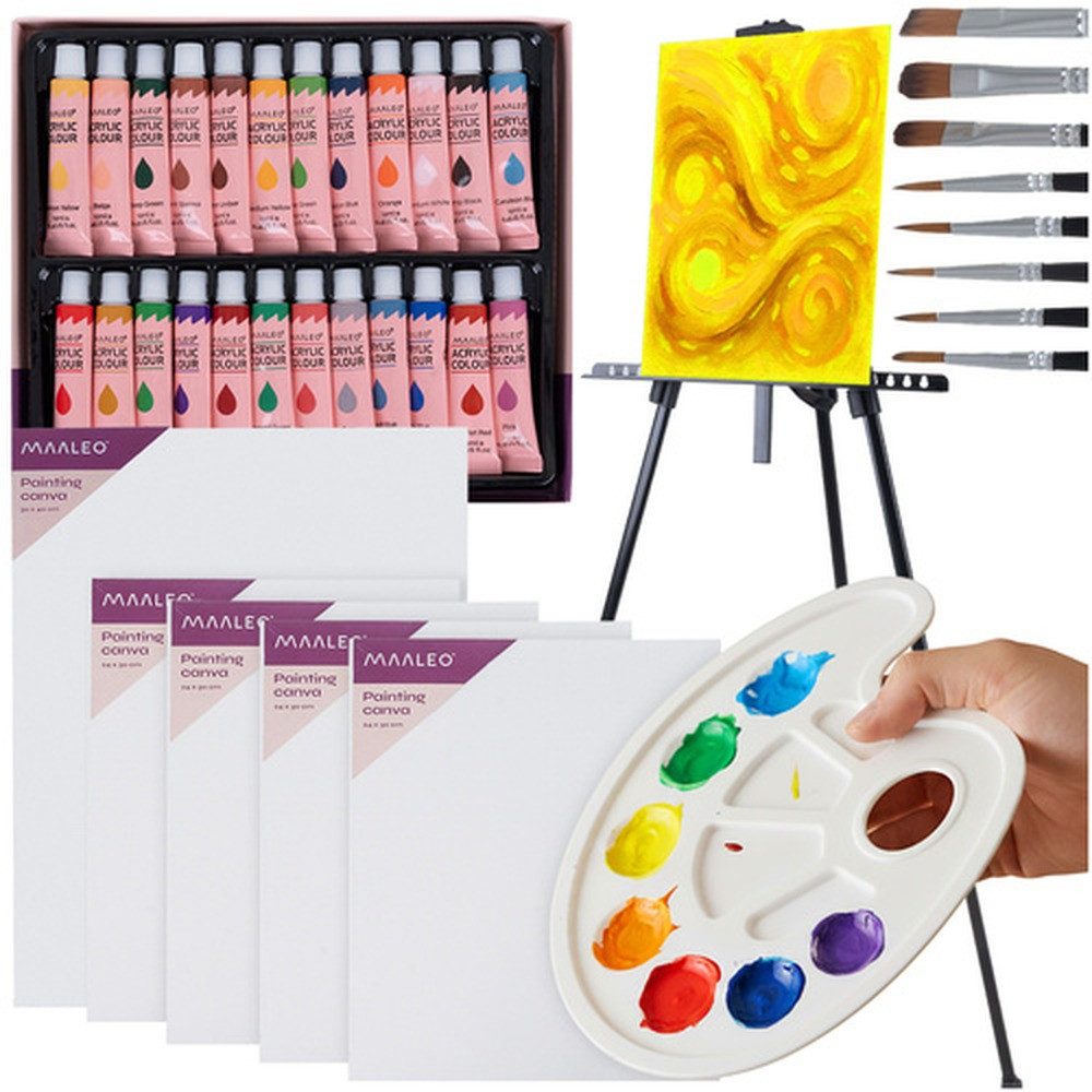 MAALEO Malpalette Kreatives Malset XXL Acrylfarben, 24 wasserbasierte, schnelltrocknende Farben mit hoher Deckkraft