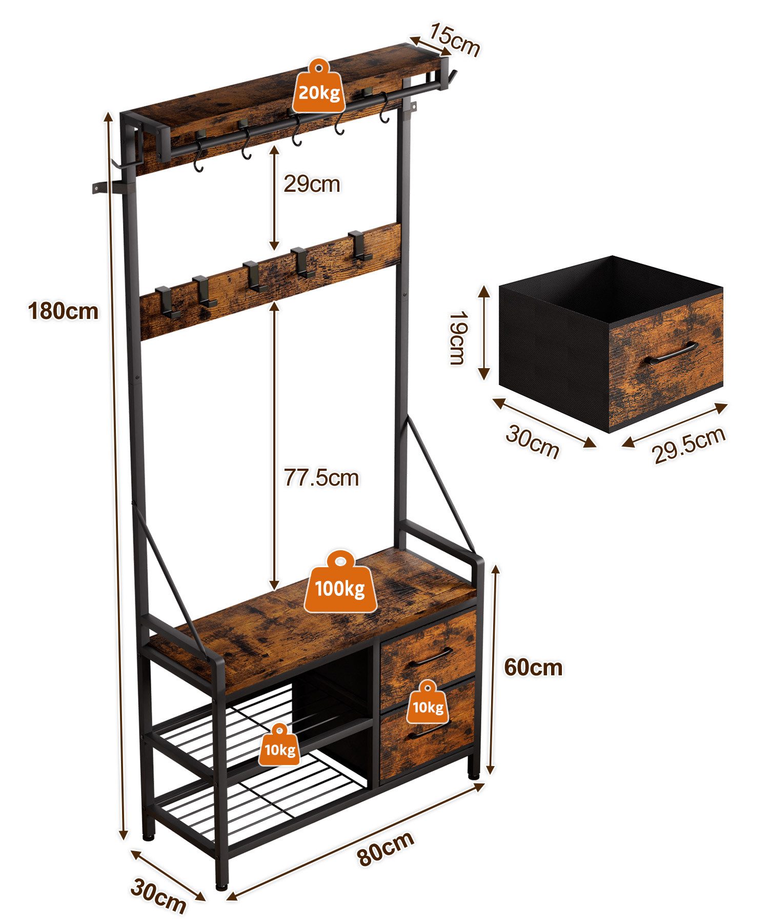 Yorbay Kleiderständer Garderobenständer mit Schuhregal & Sitzbank – 17 Haken, 2 Schuhreihen, (80x30x180 cm), 2 Stoffschubladen,Flurgarderobe für Diele, Wohnzimmer