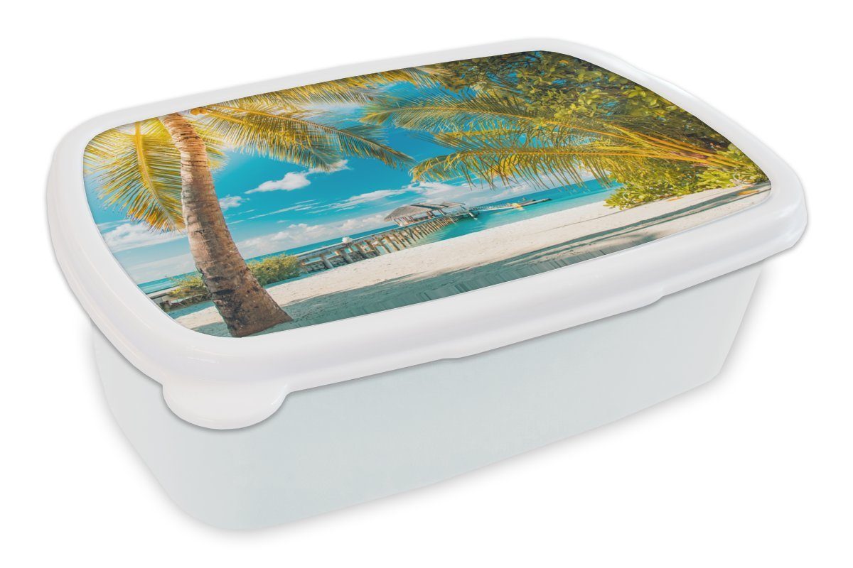Palme, und für Lunchbox Brotbox - - Kinder MuchoWow und Erwachsene, Mädchen weiß Jungs Kunststoff, Brotdose, Strand Tropisch für (2-tlg),
