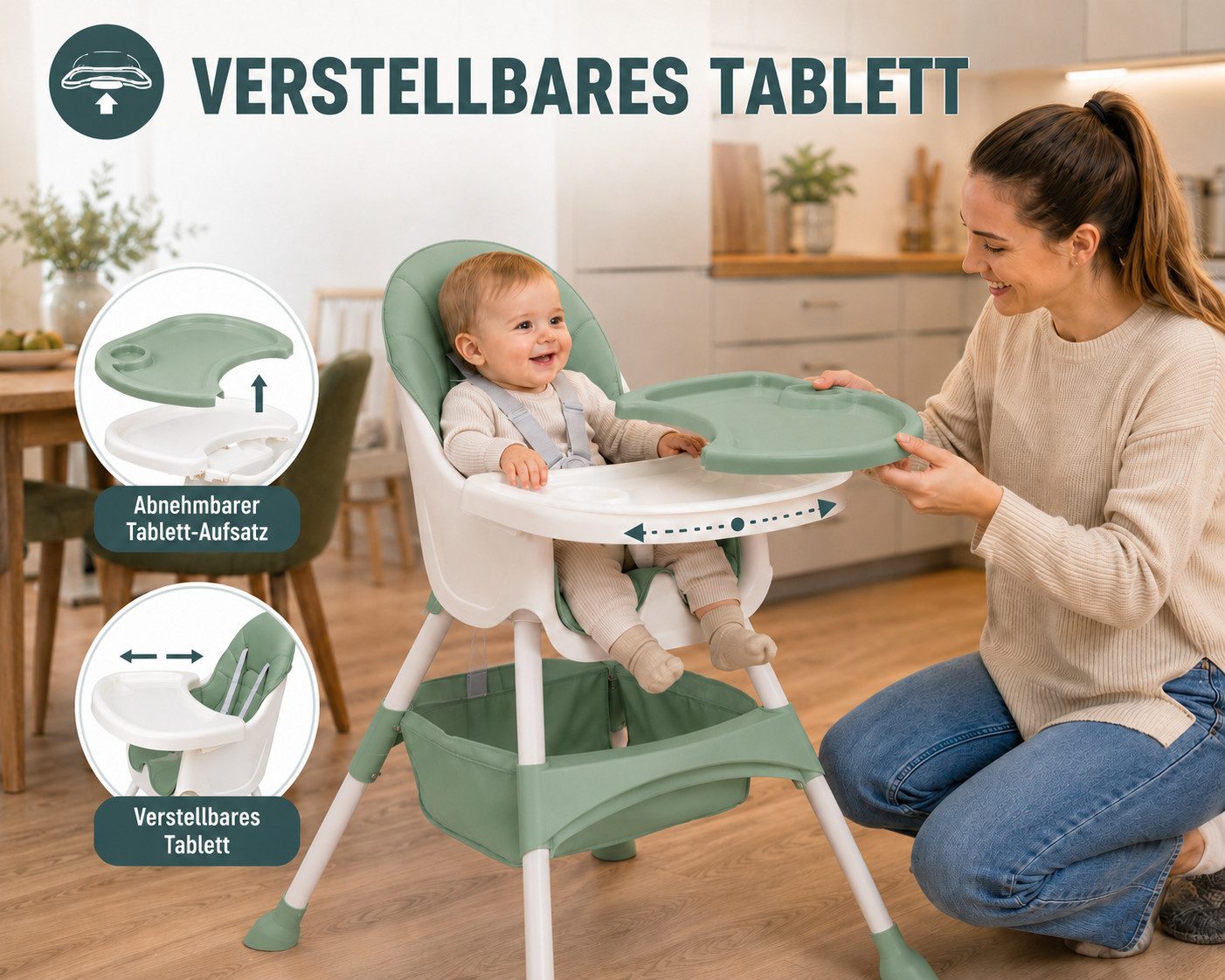 Baby Vivo Hochstuhl Design 2in1 Kinderhochstuhl - Oscar in Grün