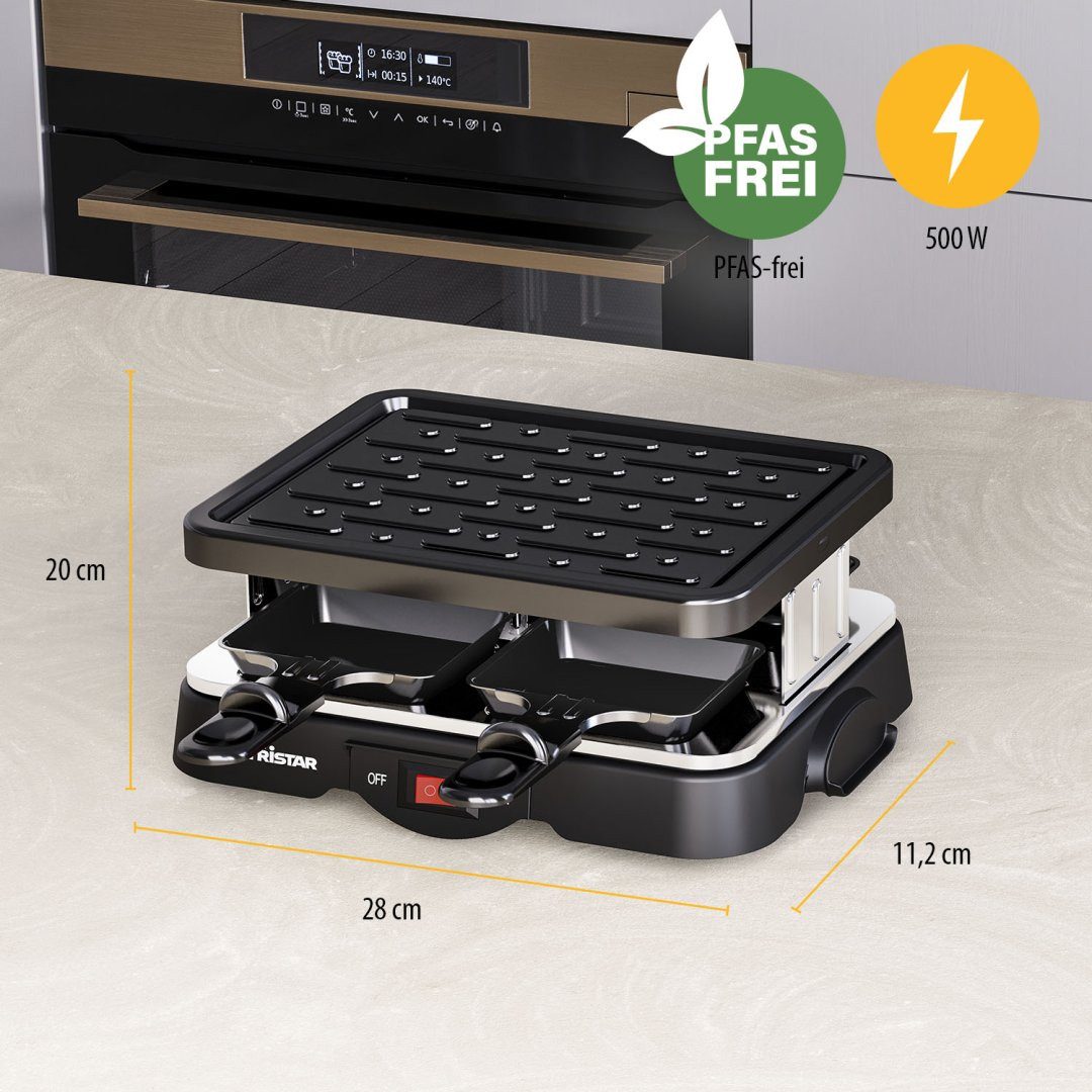Tristar Raclette Tristar Raclette Grill/ Tischgrill für bis zu 4 Personen – mit Ein-/ A, 4 Pfännchen - Grillplatte