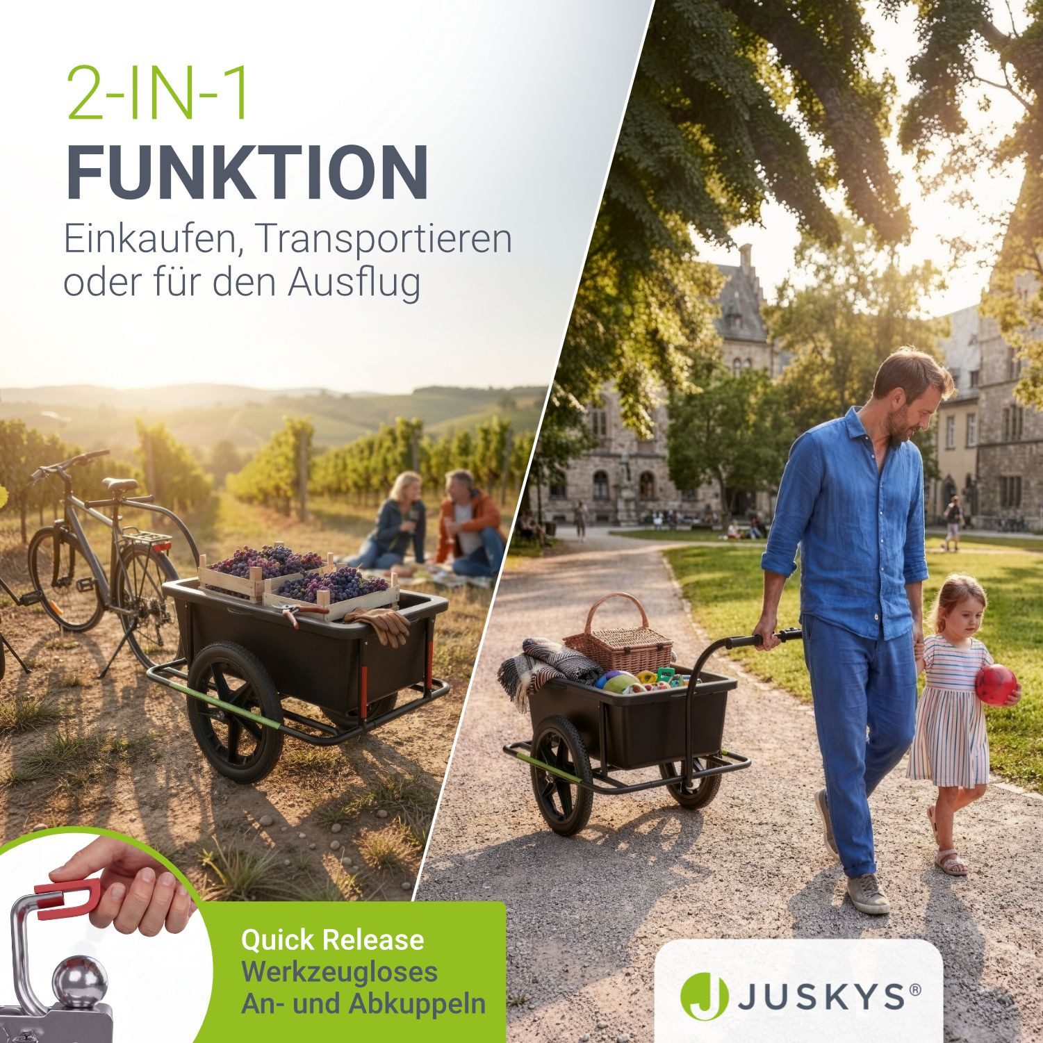 Juskys Fahrradlastenanhänger, 90 L Volumen, mit Handgriffen, inkl. Schutzplane, für 26/28 Zoll – Bild 2 von 5