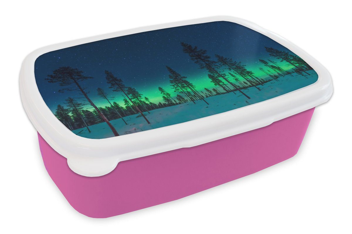 MuchoWow Lunchbox Nordlicht - Schnee - Bäume - Natur - Grün, Kunststoff, (2-tlg), Brotbox für Erwachsene, Brotdose Kinder, Snackbox, Mädchen, Kunststoff rosa