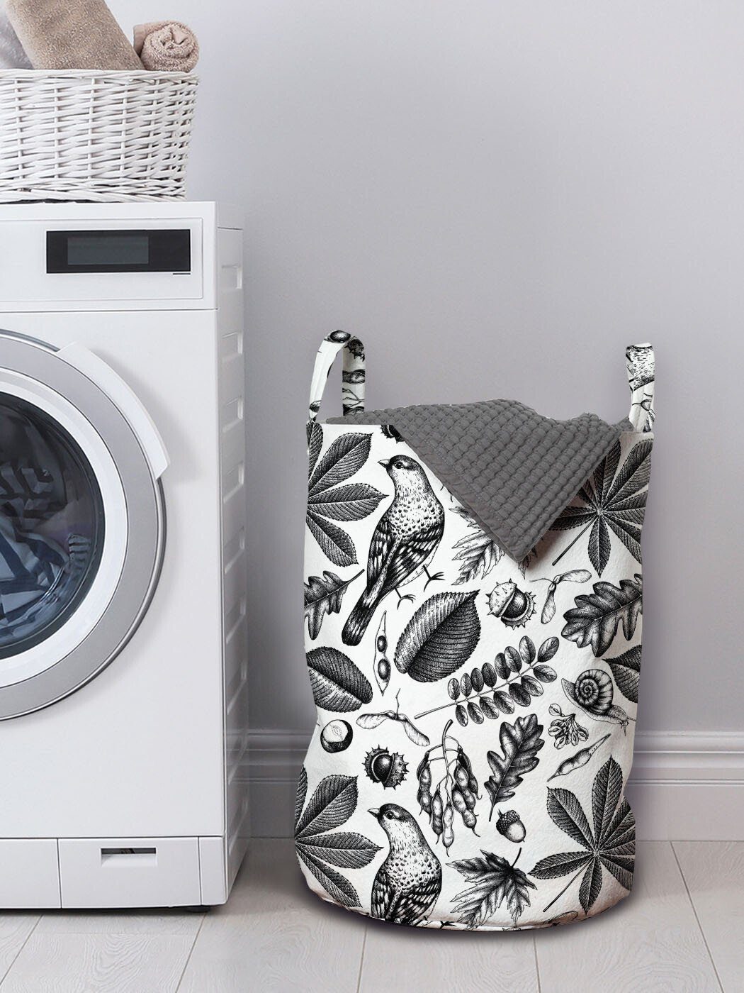 Abakuhaus Wäschesäckchen Wäschekorb mit Griffen Waschsalons, Vogel Blätter Kordelzugverschluss Jahrgang Stil Sketch für