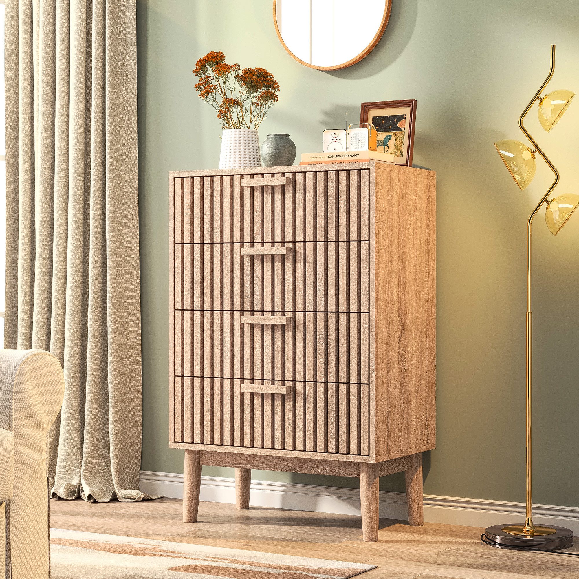 zebery Kommode Sideboard Buffetschrank aus Holz, Holzbeine (Set, 1 St., Highboard mit 4 Stauraum Schubladen), für Schlafzimmer, Wohnzimmer, Flur, 60x34x91cm, Holzfarben