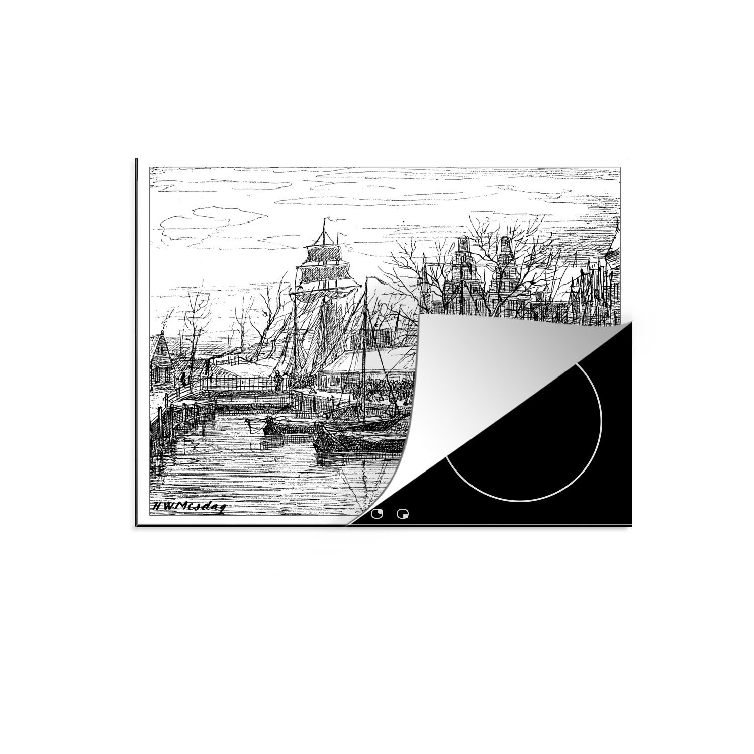 Vinyl, Groningen auf Schwarz-Weiß-Abbildung in Mobile Booten nutzbar, von dem Arbeitsfläche Vismarkt, 60x52 MuchoWow Ceranfeldabdeckung Herdblende-/Abdeckplatte (1 tlg), cm,