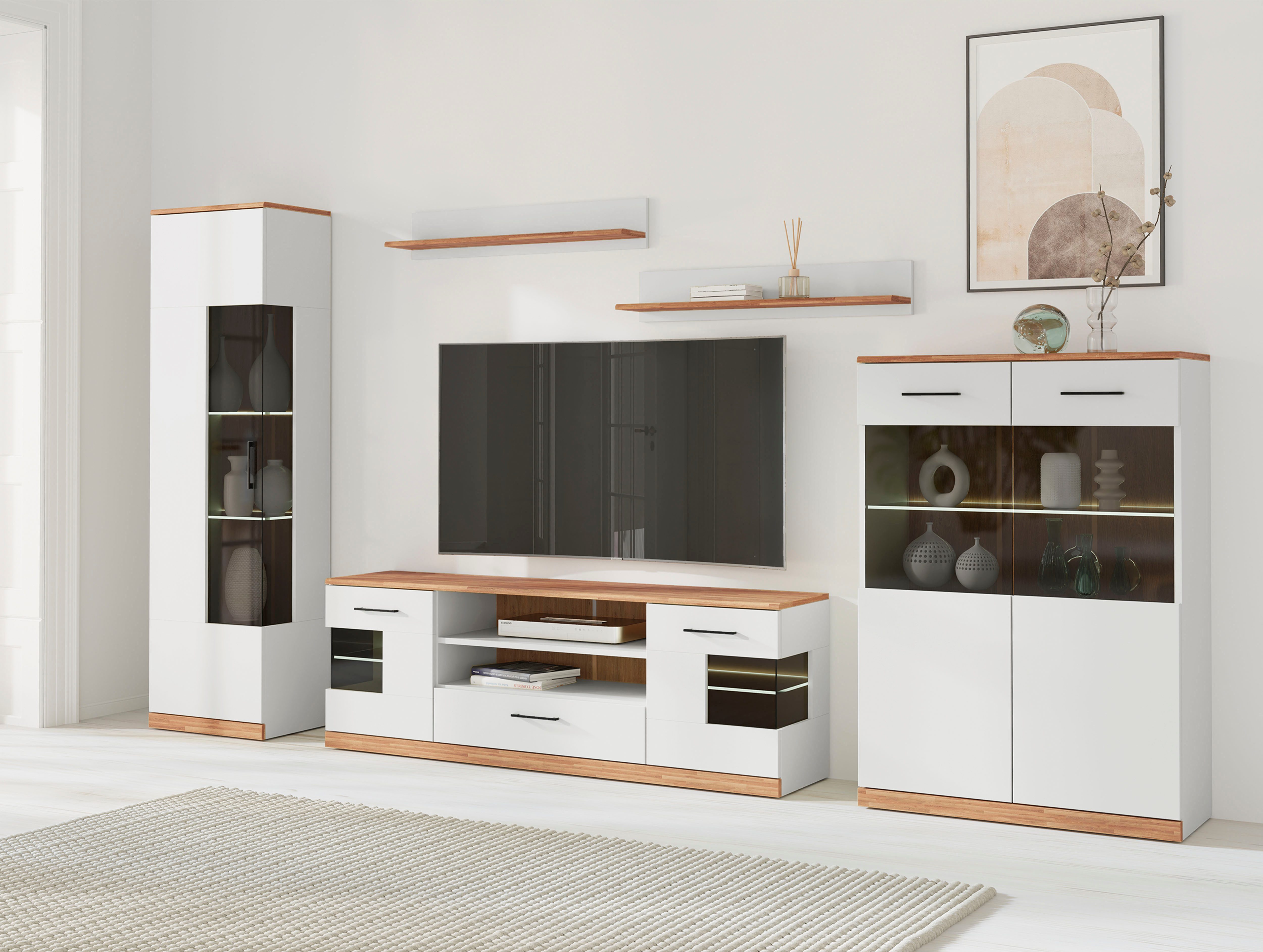 OTTO home Wohnwand Ribe: 5teilig, Breite: 300cm,Fronten aus Massivholz,Korpus aus Melamin, (Set, 5-St), B/T/H:300/35/180cm, Einlegeböden teilweise verstellbar