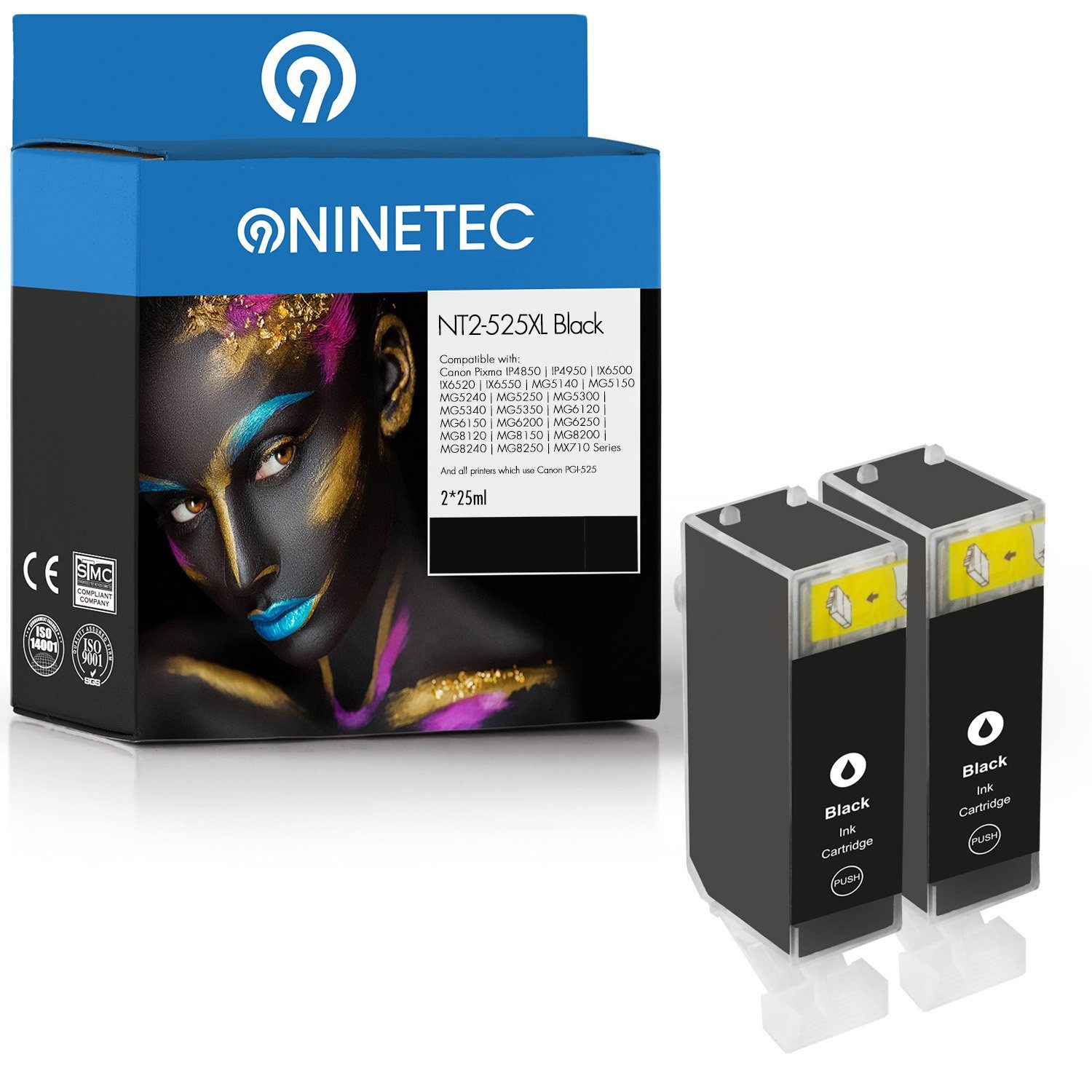 NINETEC 2er Set ersetzt Canon PGI-525 Black Tintenpatrone