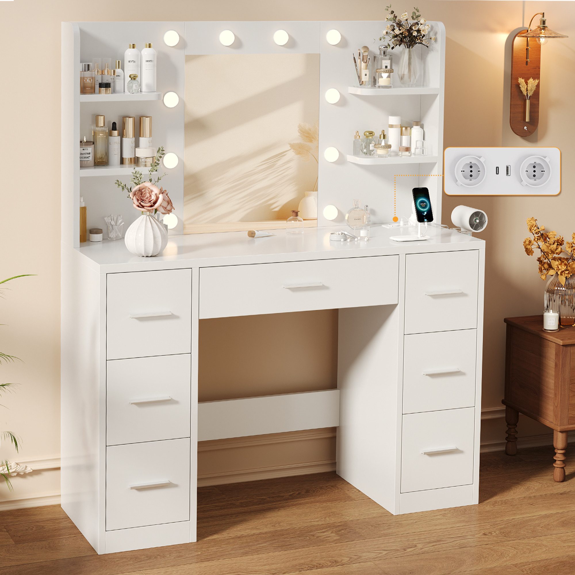 HOMALL Schminktisch mit Spiegel, LED-Beleuchtung, einstellbare Helligkeit, ostern (Langex Brete x Hthe) 90/110 x 40x 135 cm. B ofene Facher (2 seitiche Facher sind nach inks und rechts verschiebban. 2 groBe Schubladen)