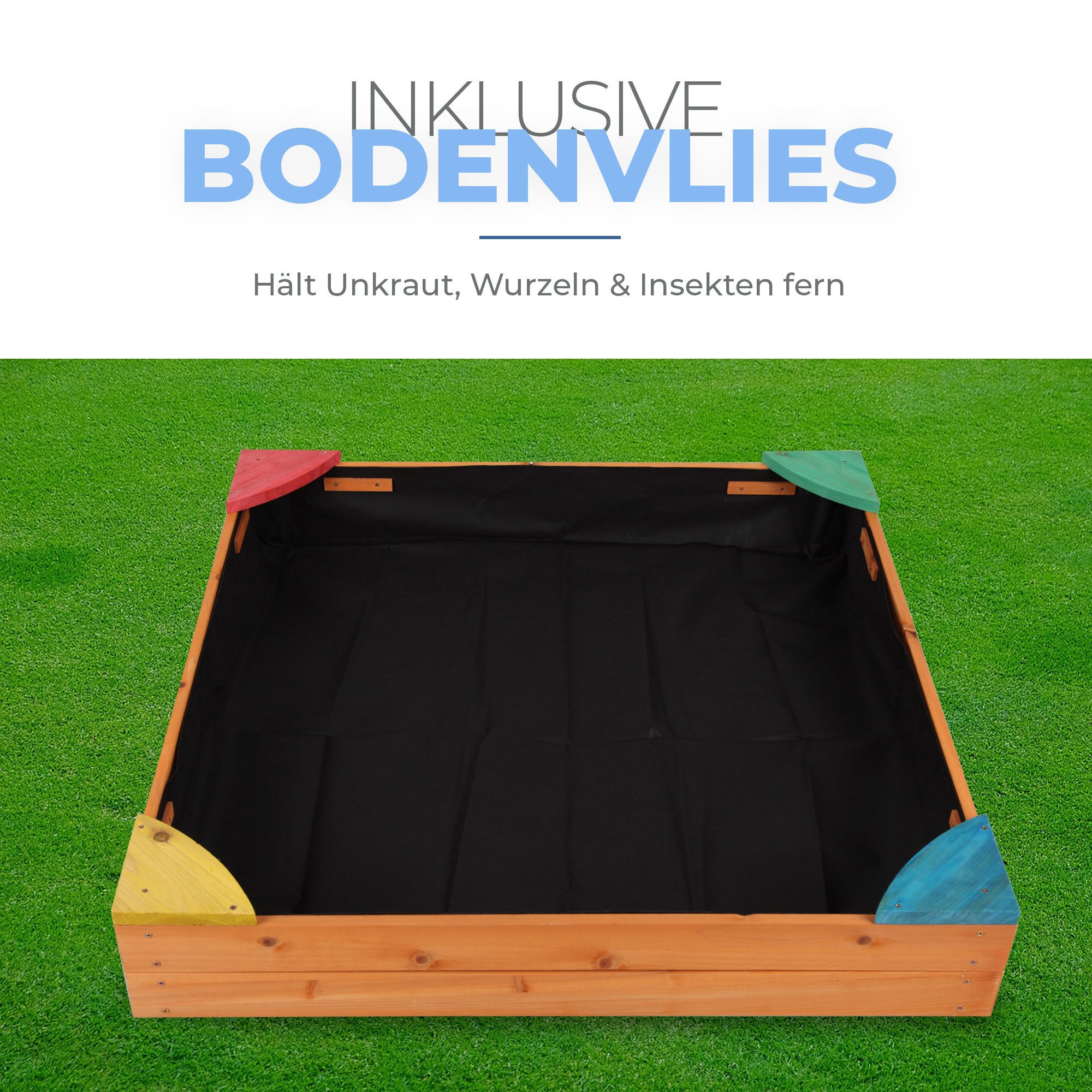Bestlivings Sandkasten aus Tannenholz, (90x90x16 cm), 4 farbige Sitzecken, inkl. Abdeckung & Bodenplane