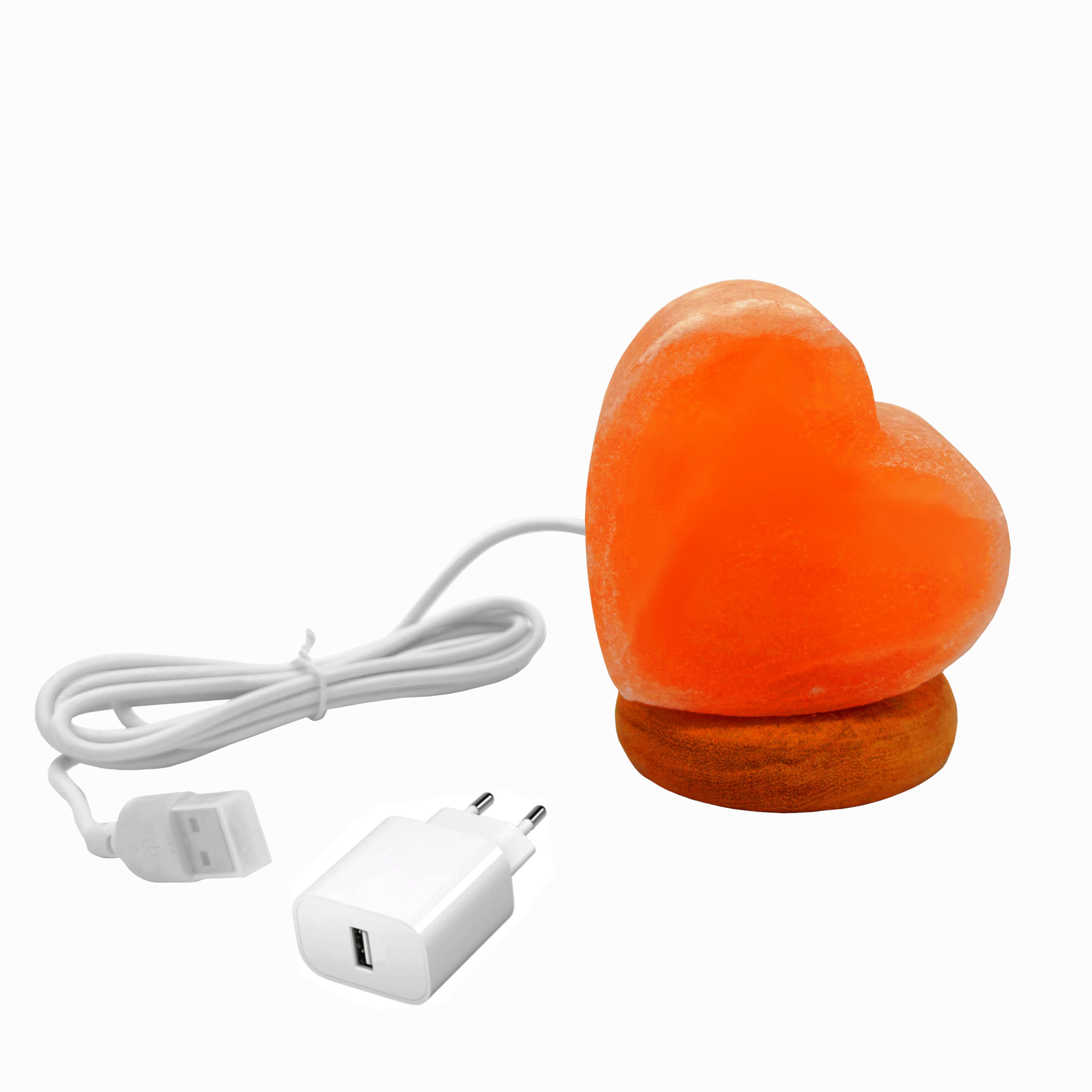 HAF LED Nachttischlampe LED Beleuchtete USB Salzlampe HERZ Rosa Kristallsalz mit Holzsockel, LED, Rosa, Als Tischlampe für Büro & Schlafzimmer