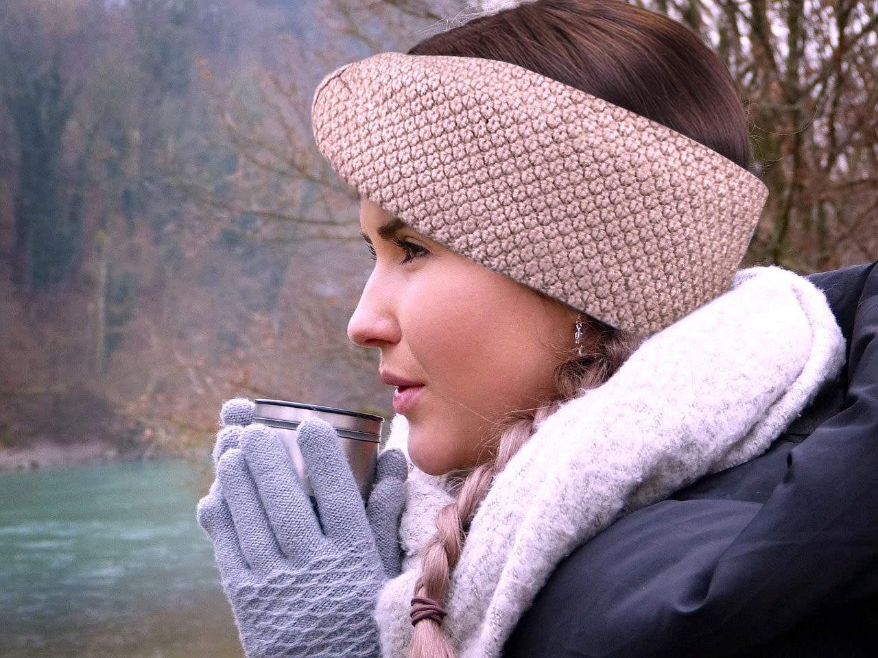 Frentree Stirnband Gefüttertes Haarband, Ohrenwärmer für Damen und Mädchen, Strickmuster mit Schleife und weichem Fleece Innenfutter – Bild 4 von 5
