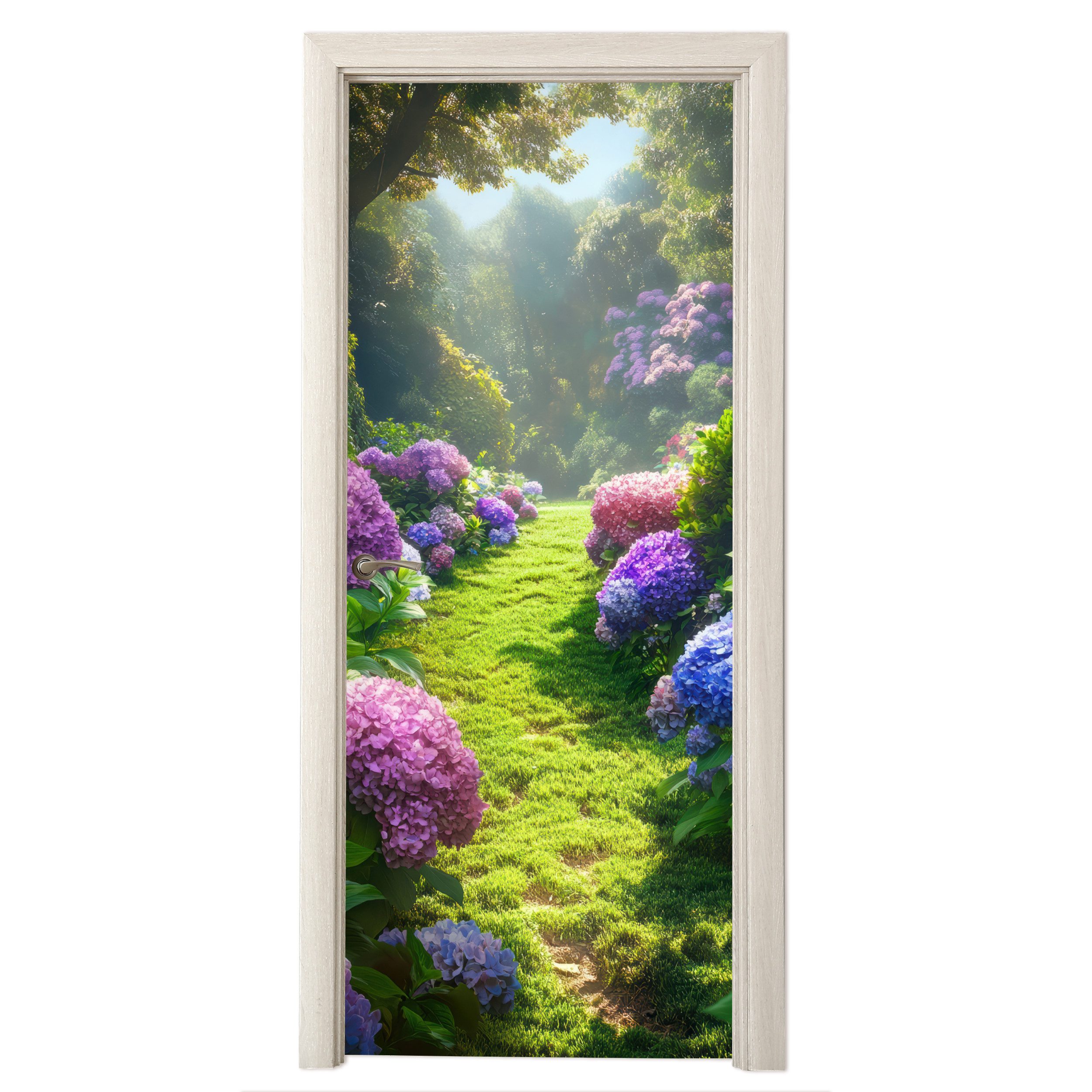 MuchoWow Türtapete Natur - Hortensie - Blumen - Grün, Matt, bedruckt, (1 St), Selbstklebende Tapete, Folie für Möbel, 75x205 cm