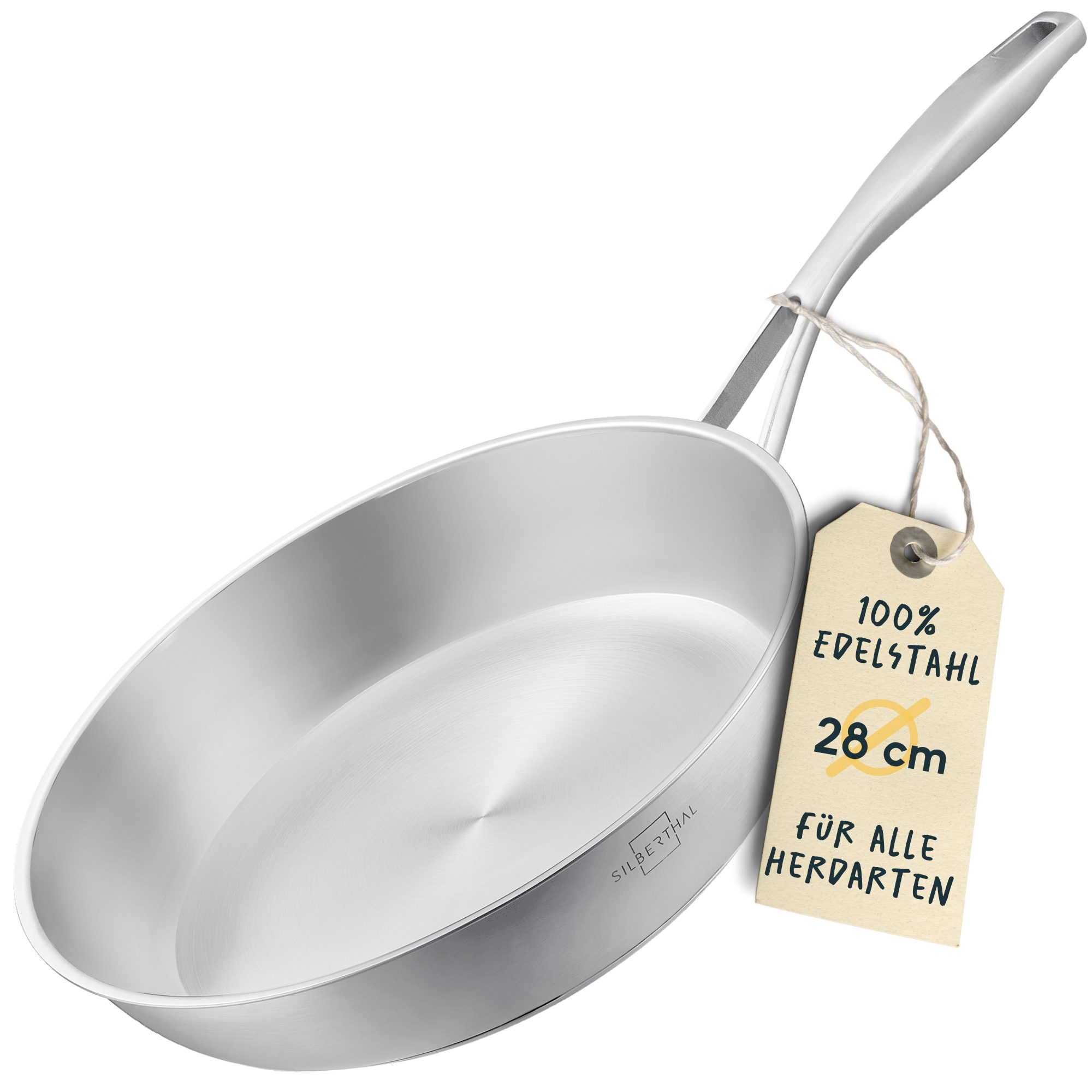 SILBERTHAL Bratpfanne Edelstahlpfanne 28cm Unbeschichtet Induktion, Edelstahl 18/10 (Einzeln, 1-tlg), für Röstaromen, spülmaschinenfest, backofenfest bis zu 400°C