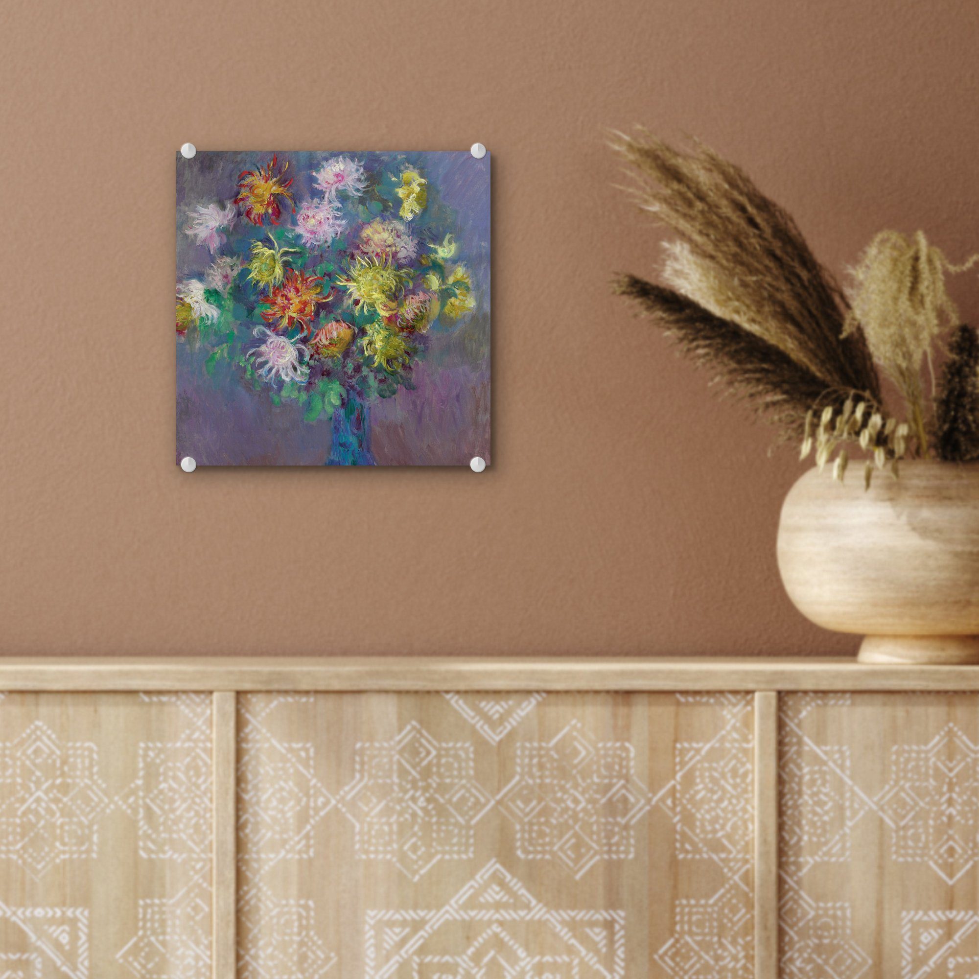 Monet, Glas - auf St), Foto auf Bilder Claude Acrylglasbild - Wanddekoration (1 Vase - Wandbild - Glasbilder Chrysanthemen mit MuchoWow Glas