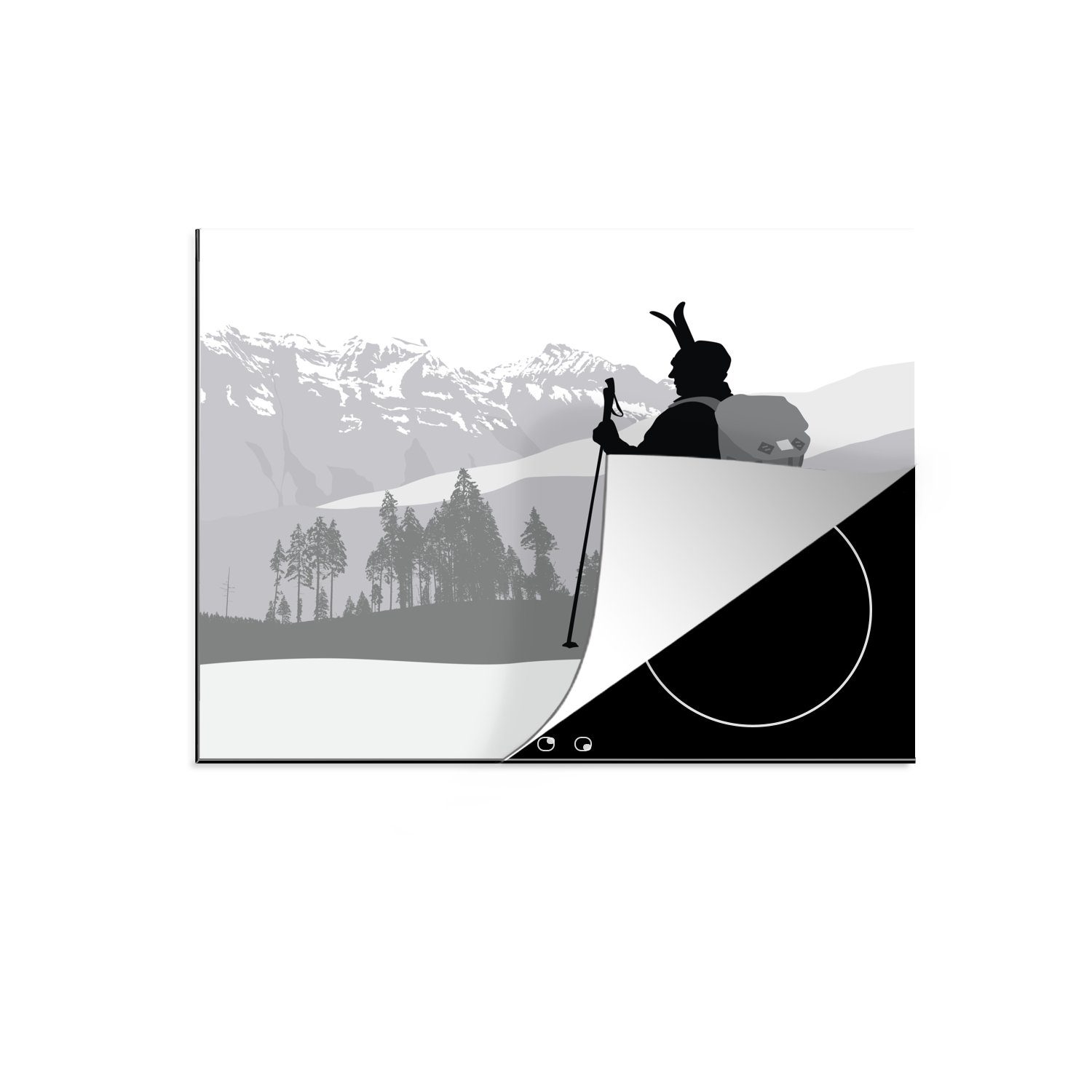 MuchoWow Herdblende-/Abdeckplatte Eine Silhouette eines Skifahrers in einer Illustration, Vinyl, (1 tlg), 57x51 cm, Induktionsschutz, Induktionskochfeld, Ceranfeldabdeckung