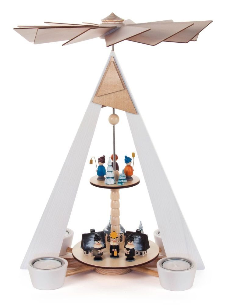 Dregeno Erzgebirge Weihnachtspyramide Pyramide Schneemann-Karussell, für Teelichte BxHxT 265 x 285 x 265mm, Pyramide mit Kurrendefiguren und Spielzeugdorf mit Kirche