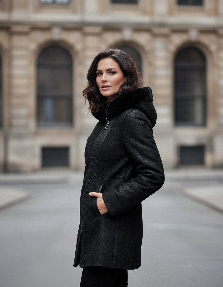 Hollert Wintermantel Damen Lammfellmantel Kate mit Kapuze