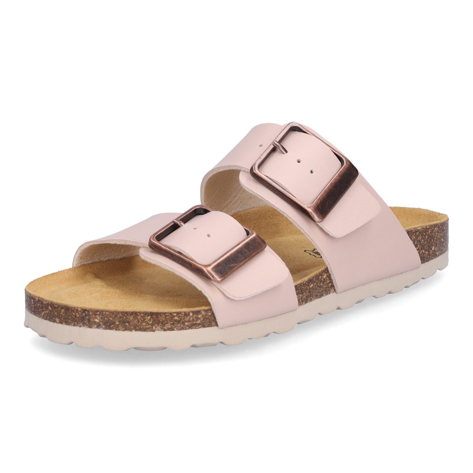 MIDS MIMI Damen Pantolette rosa, Zweiriemer, bronzefarbene Schnalle & ergonomisches Lederfußbett