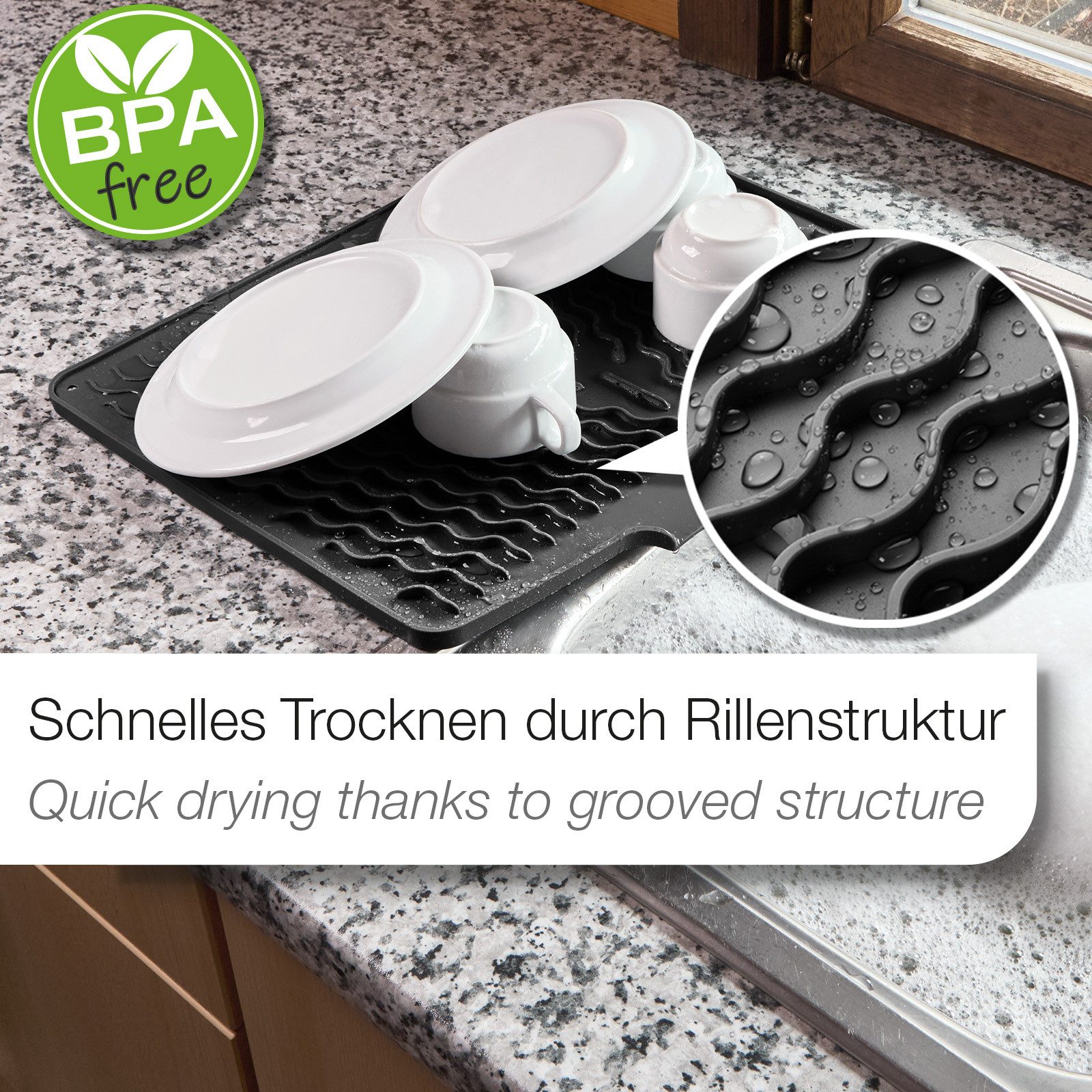 SO-TECH® Abtropfmatte Abtropfmatte 396x327mm für Geschirr & Besteck Silikon, Schwarz, rutschfest, hitzebeständig, spülmaschinengeeignet