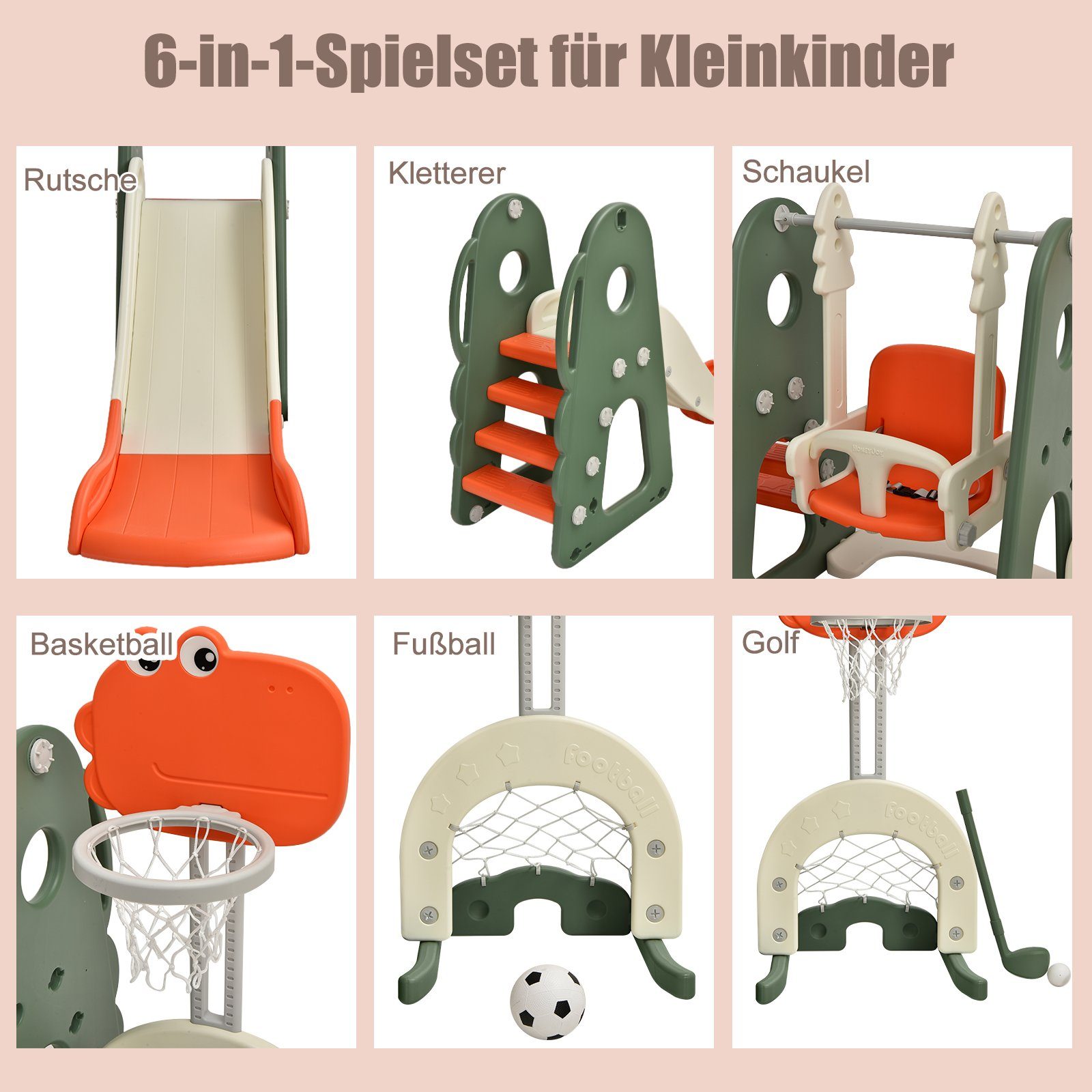 COSTWAY Rutsche, 6 in 1 Kinder Spielplatz Kinderschaukel, verstellbar