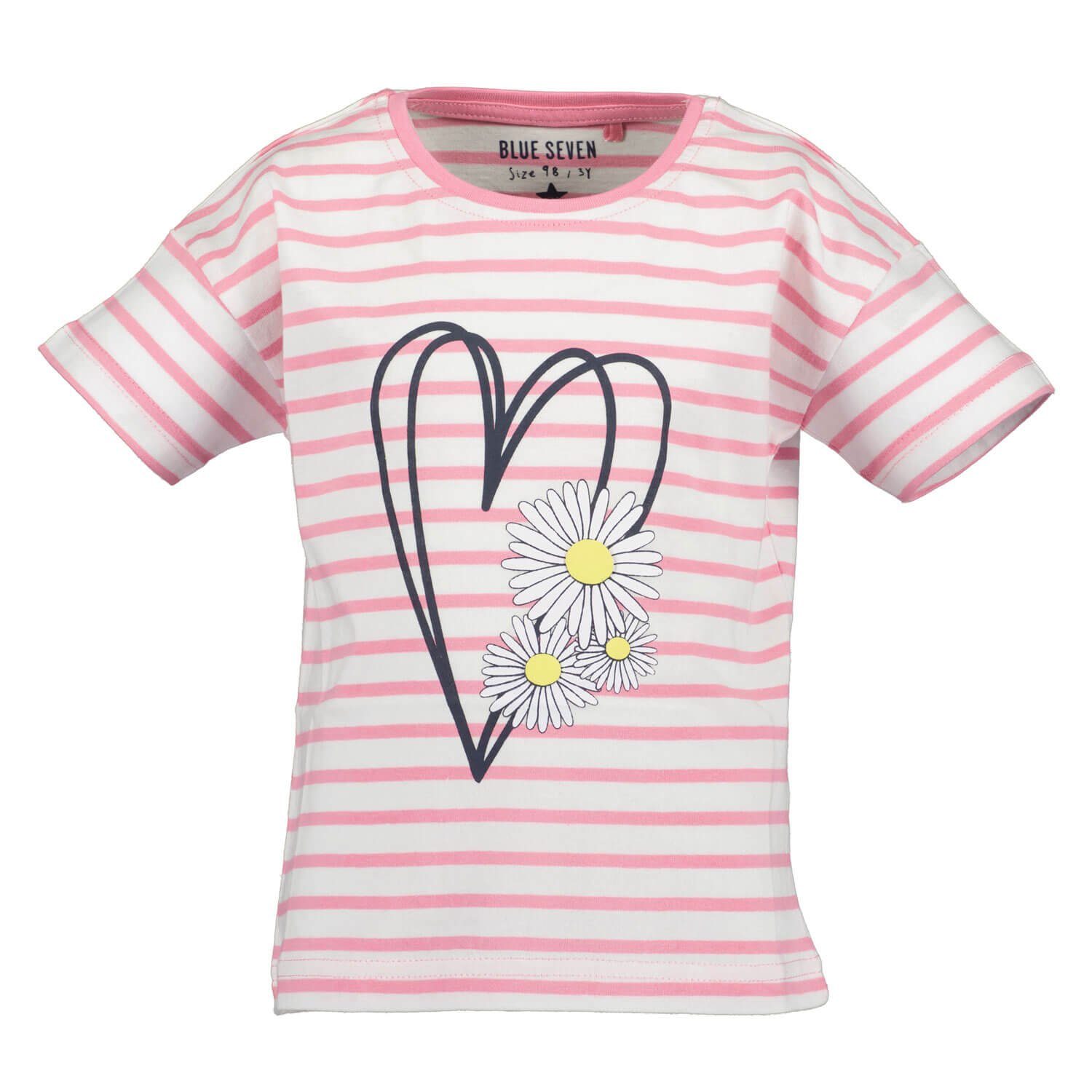 T-Shirt mit Kinder Herz-Blumen-Print Mädchen Streifen azalee Blue und Kurzarm-Shirt Seven