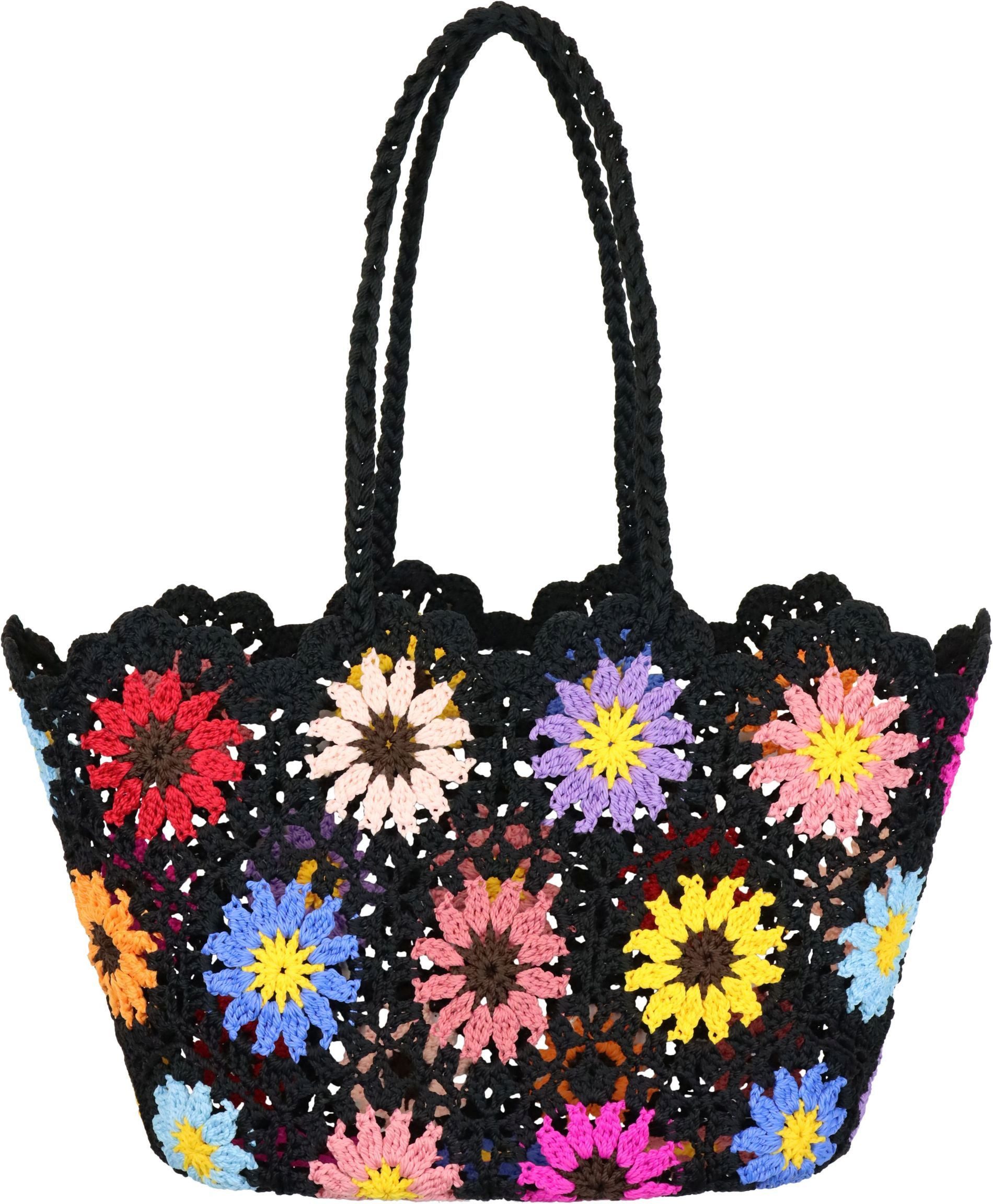 FURNARO Tragetasche, gehäkelte Tasche in schwarz mit Blumen aus Baumwolle 45x30x20cm