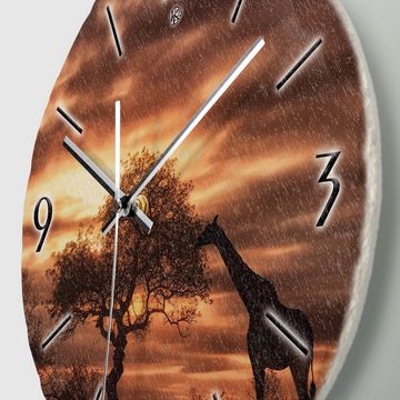 Kreative Feder Wanduhr Wanduhr „Giraffe in Afrika“ aus Stein (Keramik) in Schiefer-Optik (ohne Ticken; Funk- oder Quarzuhrwerk; ⌀ 30cm; außergewöhnlich)