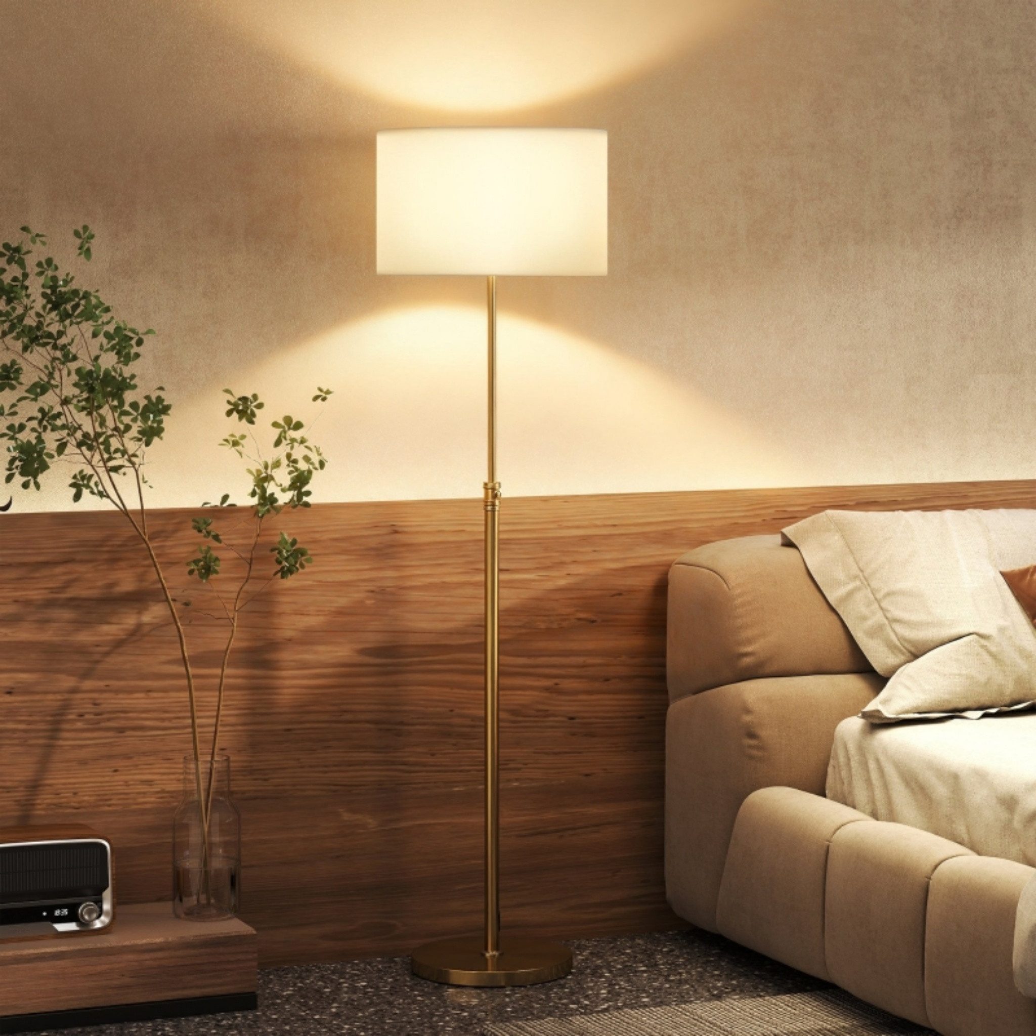 Blossom LED Stehlampe Stehlampe Wohnzimmer, höhenverstellbar 133–168 cm, dimmbar, Bodenlampe mit Fernbedienung, 3 Farbtemperaturen, Fußschalter, Gold