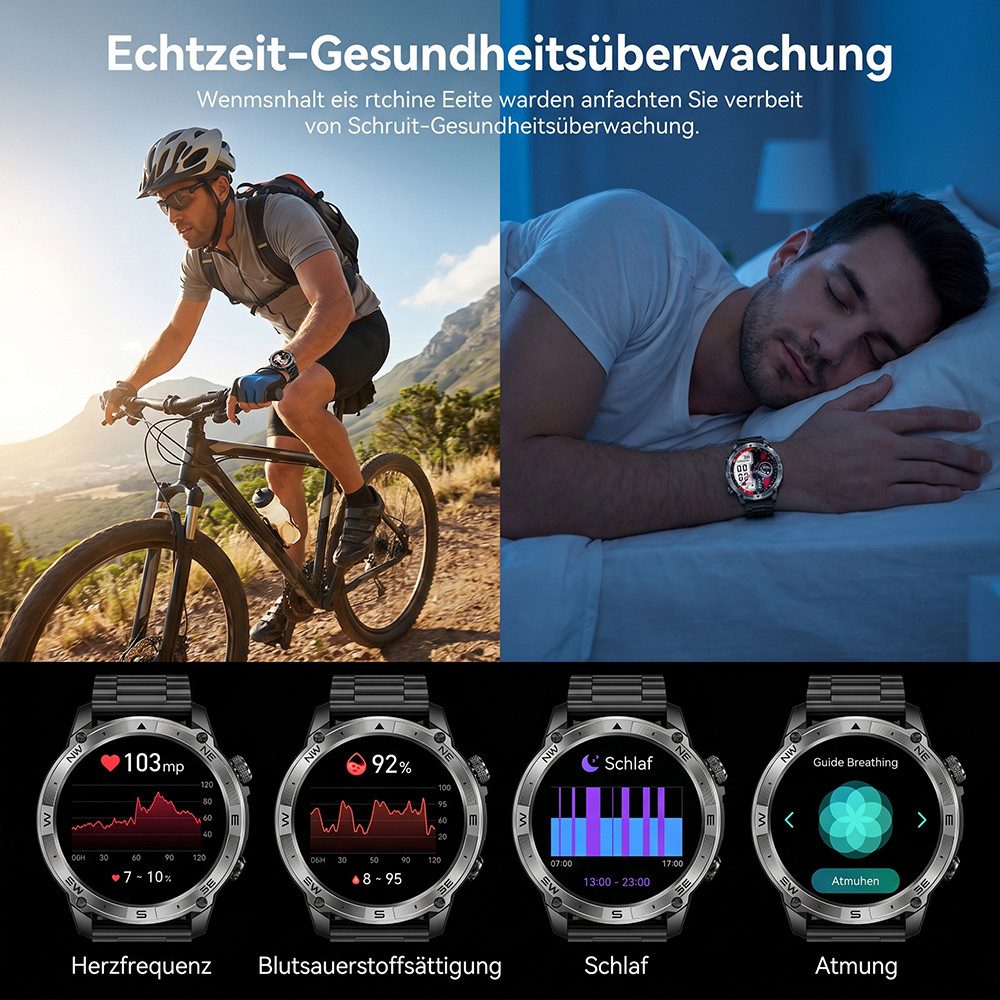 Vashoy Smartwatches für Damen und Herren mit Bluetooth Anrufe & AMOLED Smartwatch (390mm cm/1.43-1.19 Zoll, Android4.4/ISO1.0) Spar-Set, 6-tlg., IP68 wasserdich – Bild 4 von 5