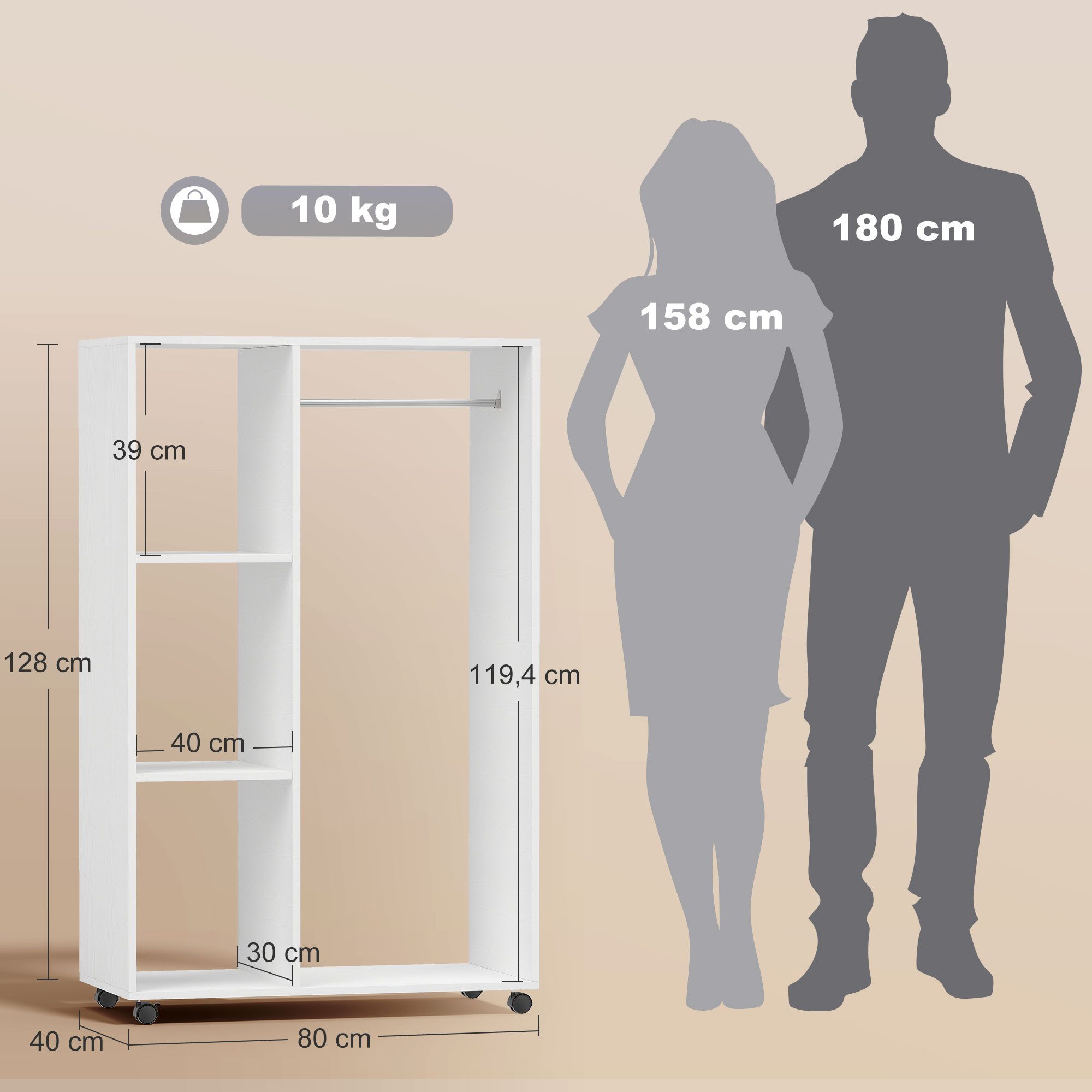 HOMCOM Garderobenschrank Kleiderschrank,auf Rollen,mobile Garderobe,Kleiderstange,3 Regale (Garderobenschrank, 1-St., Rollbarer Kleiderständer) für Flur, Schlaf – Bild 3 von 5