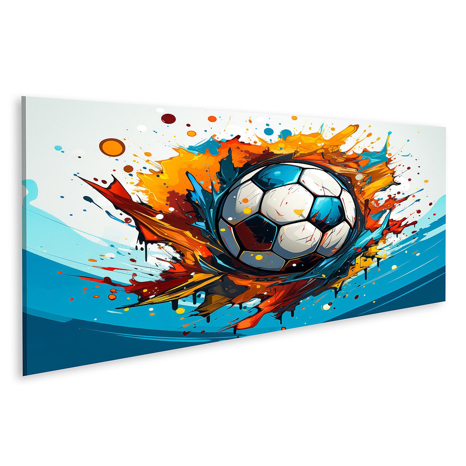 Leinwandbild Fußball Fliegt Luft Farbe Spritzt Um für Kinderzimmer Sport Bilder