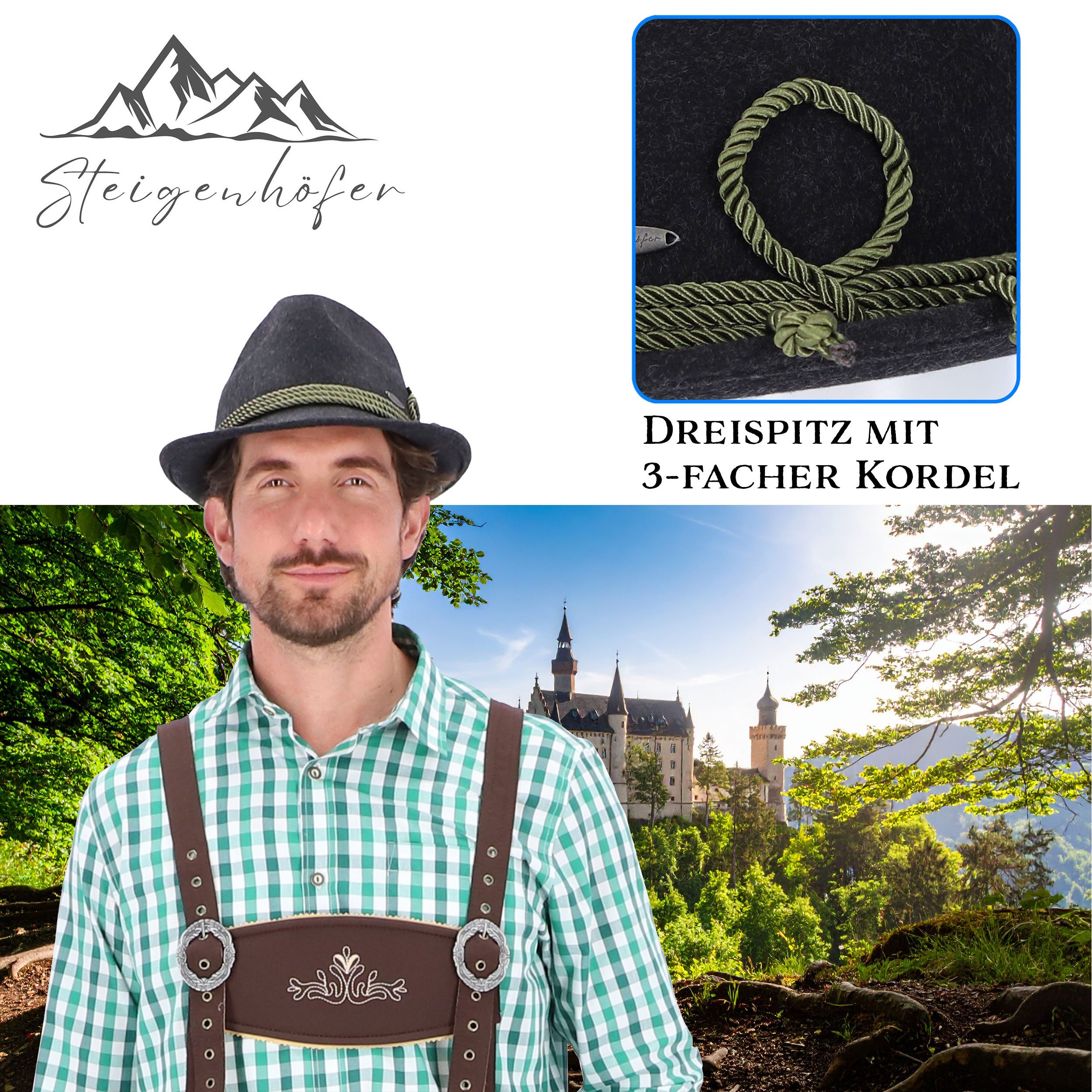 Steigenhöfer Manufaktur Trachtenhut Herren JAKOB - bayrischer Wanderhut Dreispitz aus 100% Schurwolle Größenverstellbar und integriertes Schweißband, Ideal fürs Oktoberfest