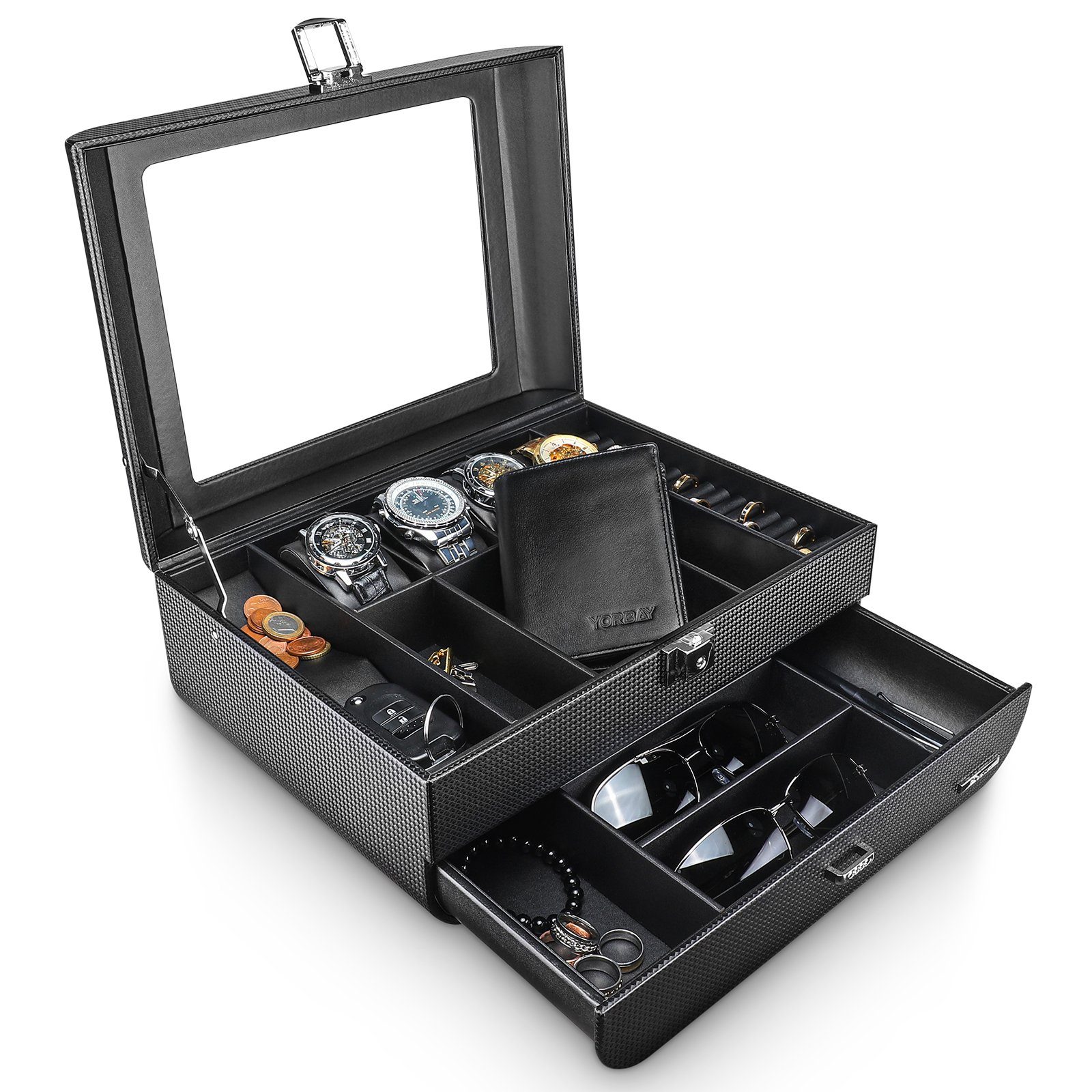 Yorbay Uhrenbox Uhrenbox für Herren, zwei Schichten, mit Glasdeckel, Schwarz (Uhren Aufbewahrungsbox, abschließbar Schmuckkästchen), Schmuckkasten für Uhren Schmuck Ringe Broschen Brille