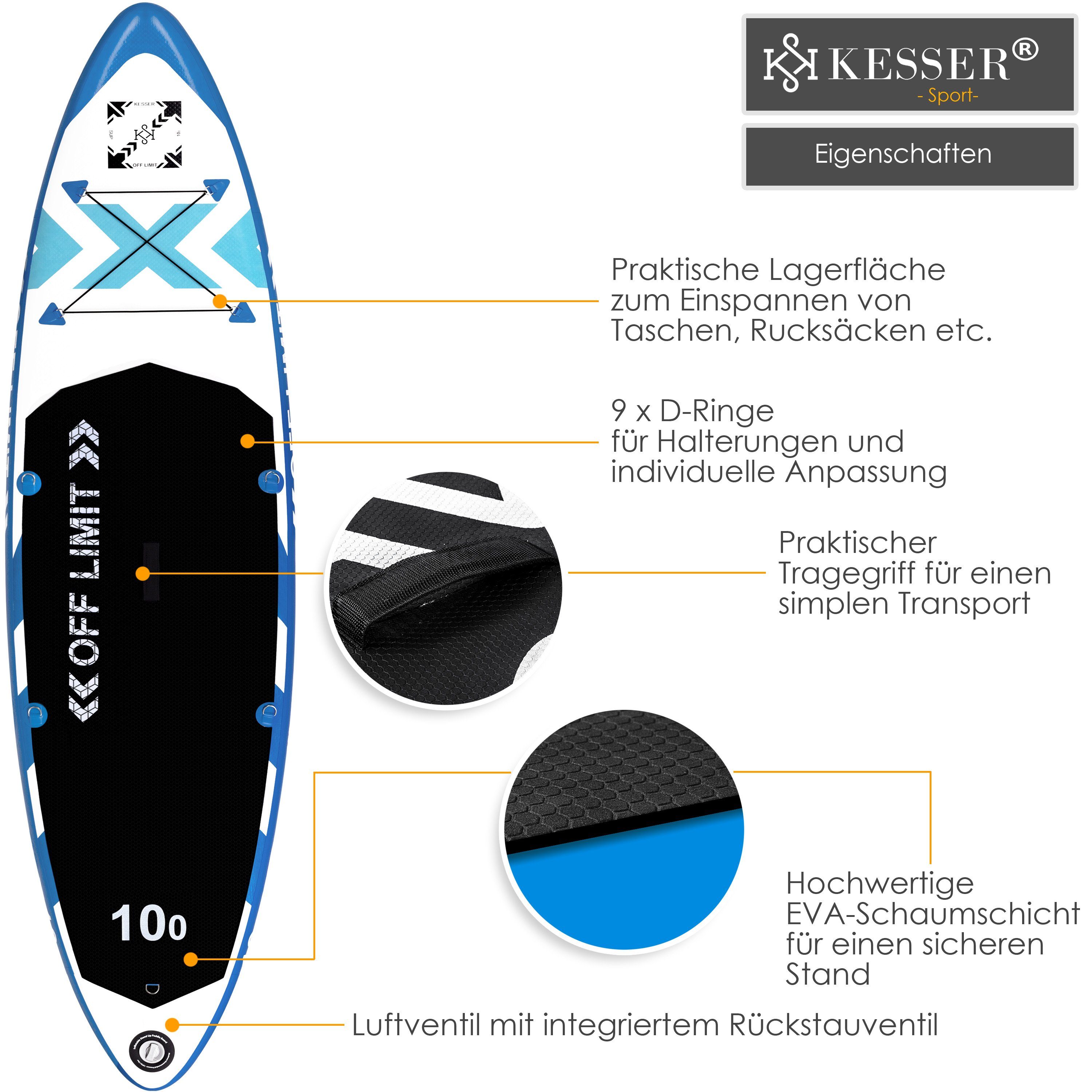 KESSER SUP-Board, Aufblasbares Board Up / Set Premium weiß Board Paddle blau Stand SUP
